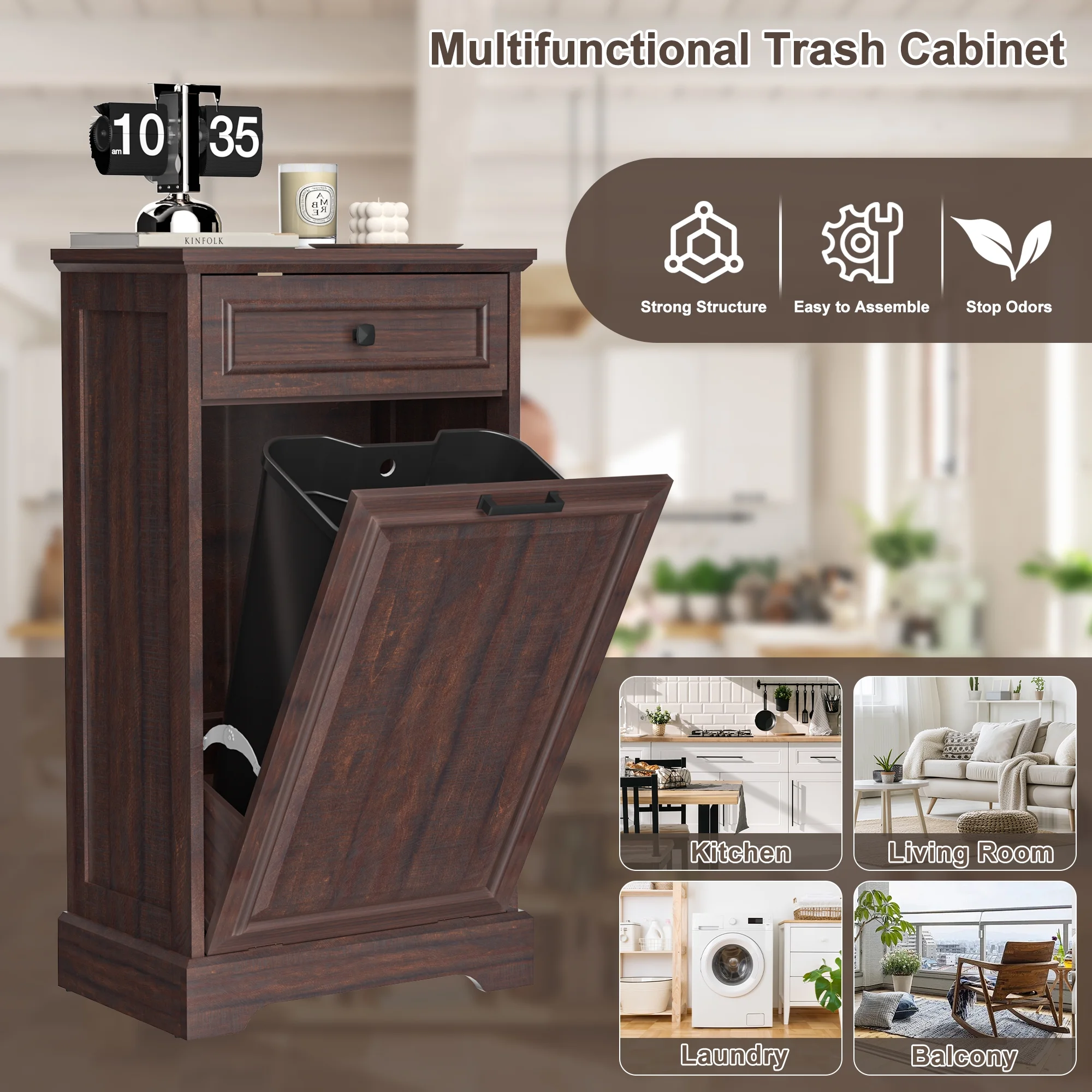 HARIPUL Single Tilt Out Trash Cabinet for 13 Gallon Waste Bin, Free Standing Kitchen Trash Can Cabinet with Drawers, White
