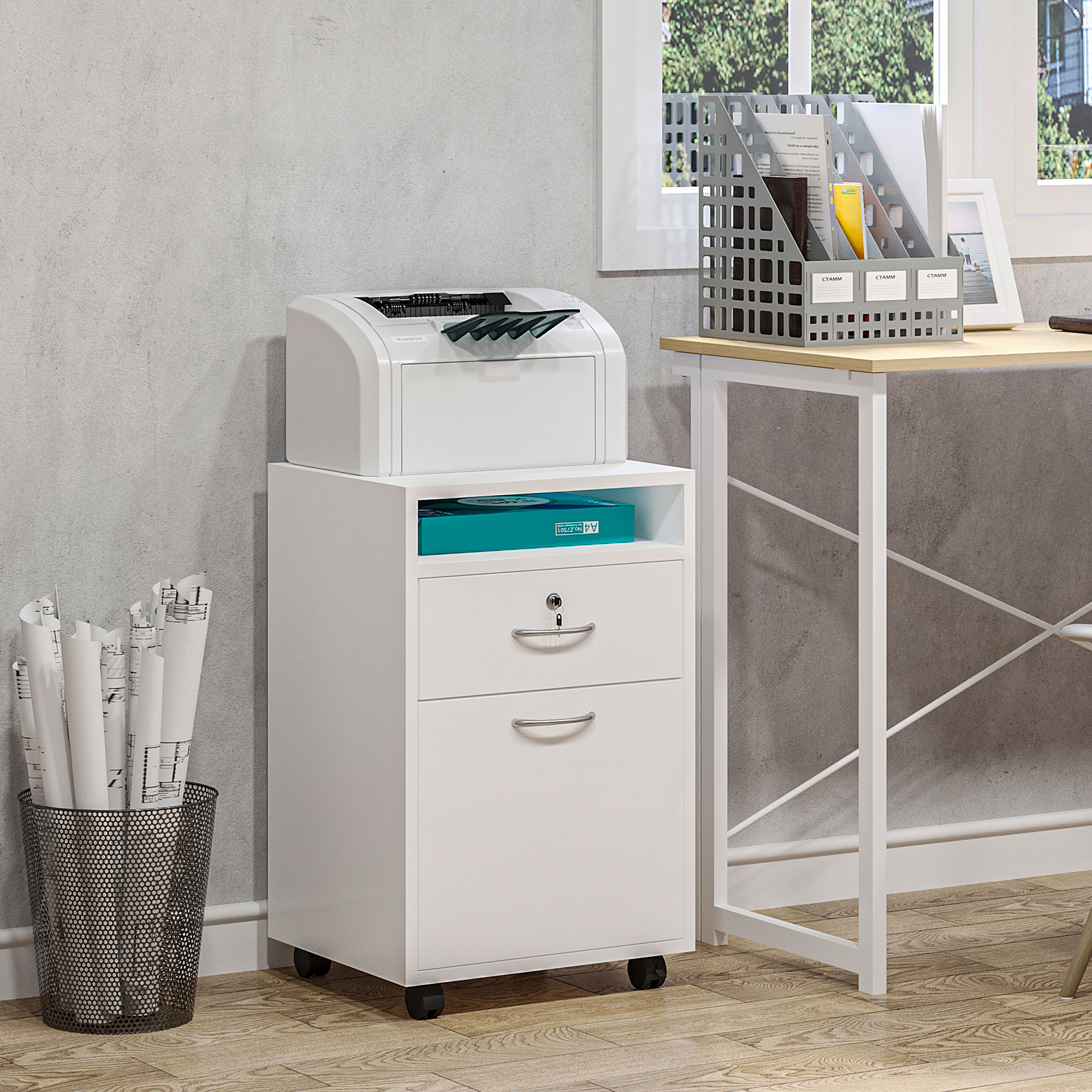 HOMCOM Büro-Aktenwagen mit 2 Schlüsseln, Schublade, Schrank und 4 Rädern in Weißem Holz, 40x35x60cm