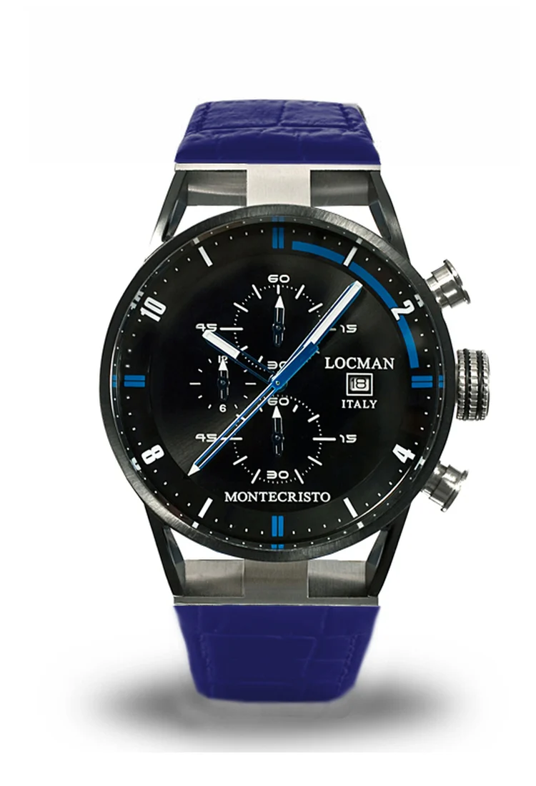 Locman Montecristo Chrono acciaio PVD nero pelle blu 0510KNBKFBL0PSB