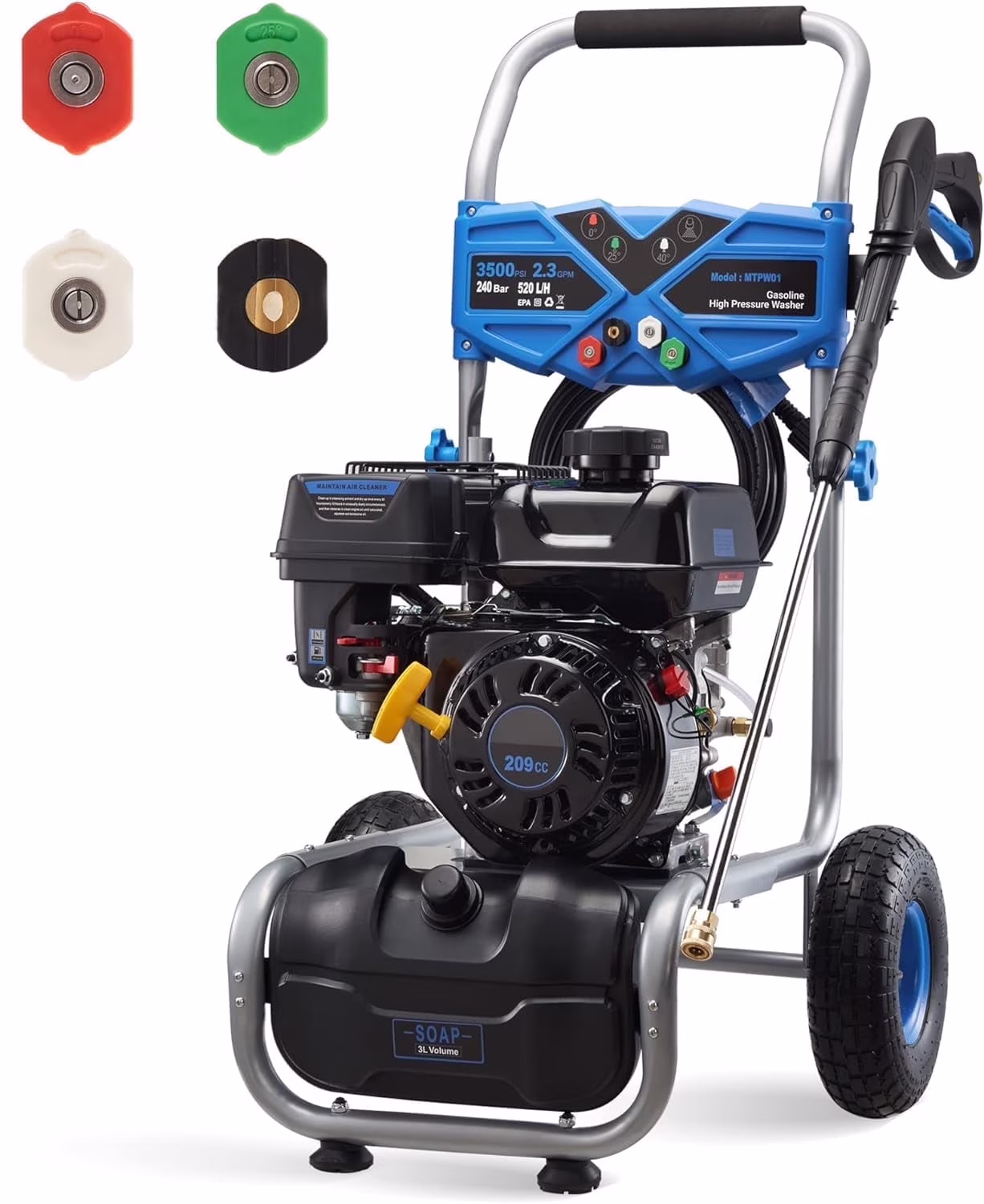 Efurden 3500PSI Gas Pressure Washer, 2.3GPM Gas Powered High Pressure Clean Machine with 209CC Engine, 4 Adjustable Nozzles for Cleaning Walls, Terraces, Vehicles, Gardens (Blue)