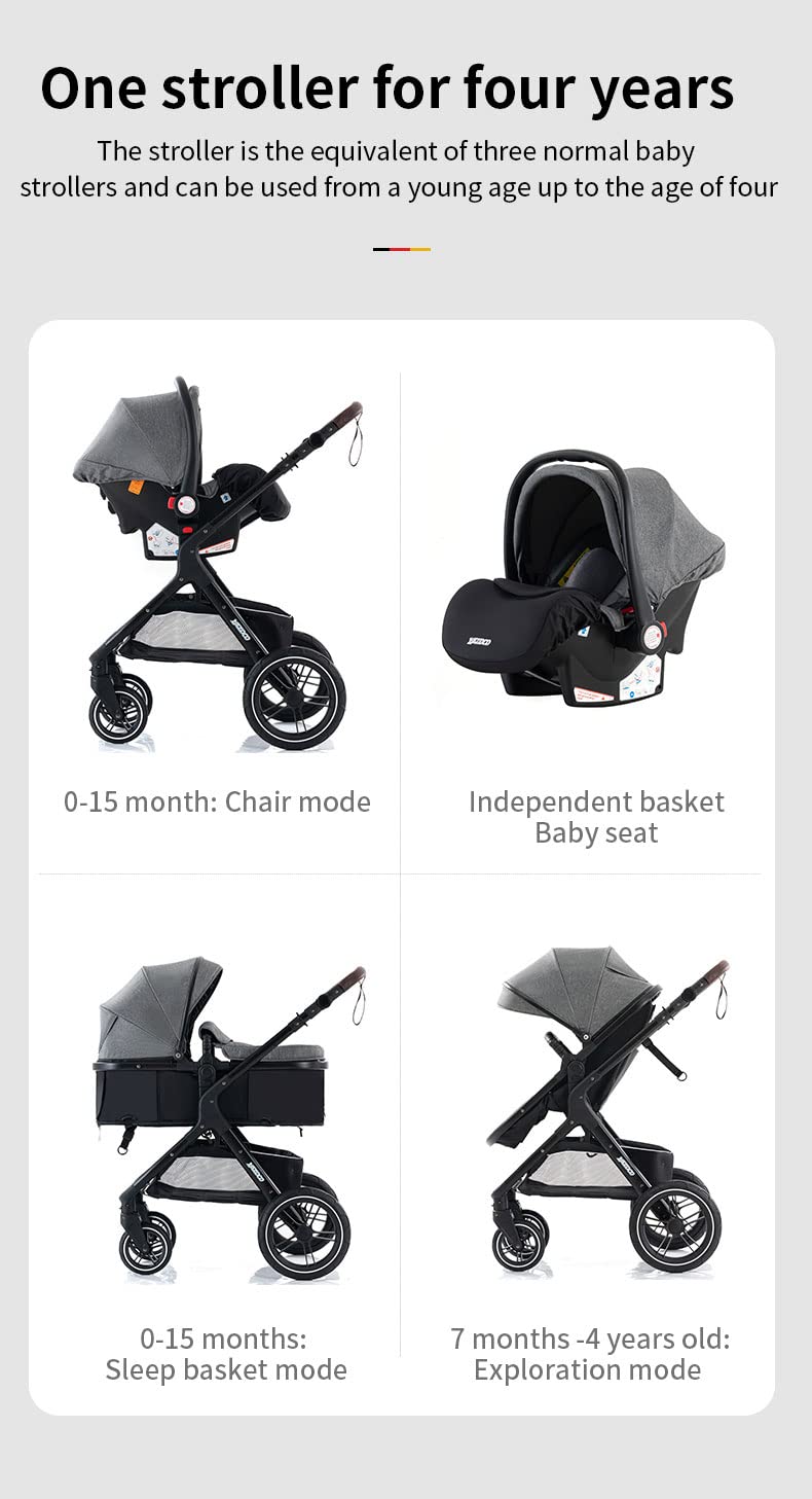 YAZOCO kinderwagen 3 in 1 Buggy Babybett Komplett Set Einem Klick Zusammenklappbarer Kinderwagen, KombiKinderwagen Aluminiumrahmen für Neugeborene Sitzzubehör (1 schwarz)