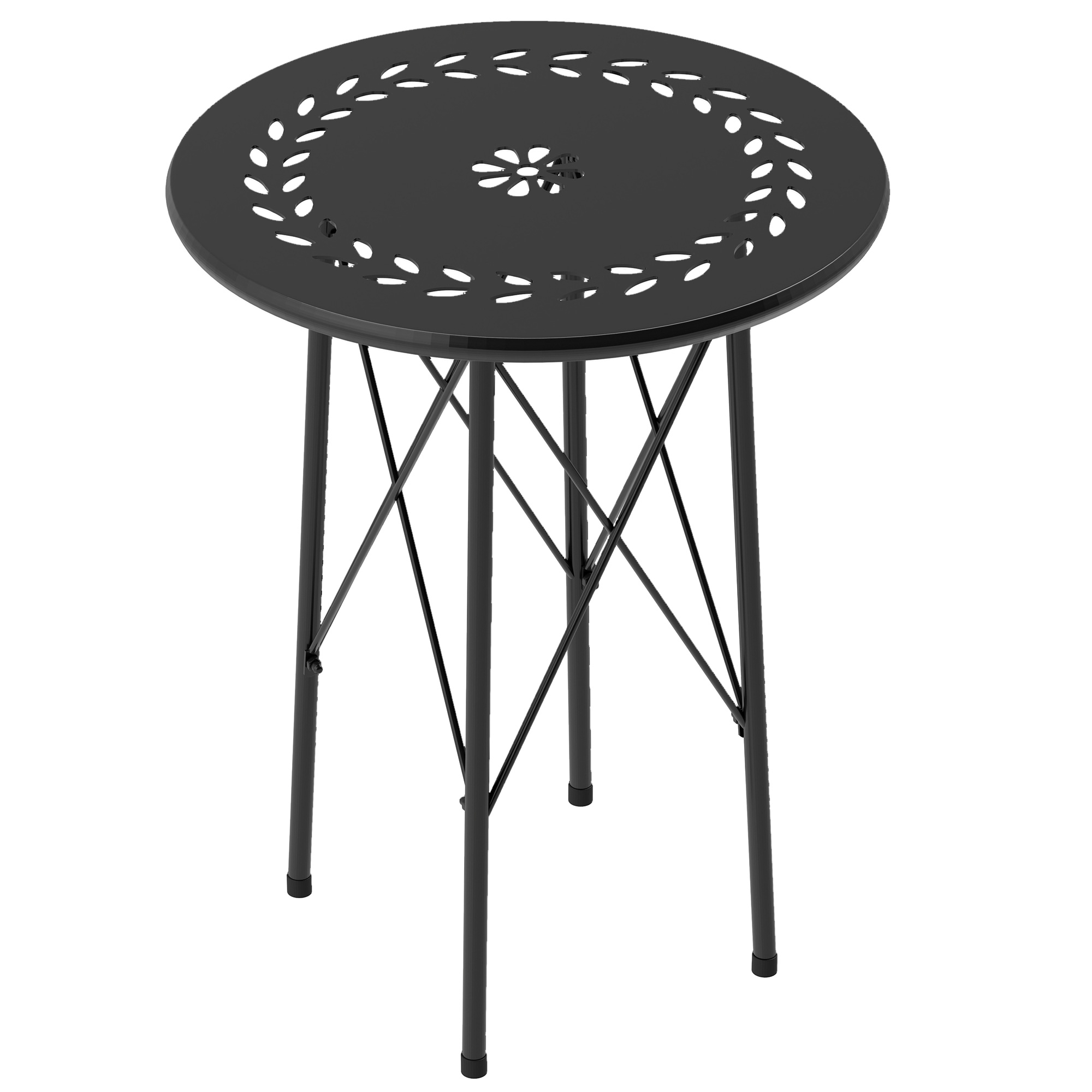 Outsunny Gartentisch, Runder Terrassentisch mit Blumenmuster, Stahl, Bistrotisch für drinnen und draußen, Schwarz