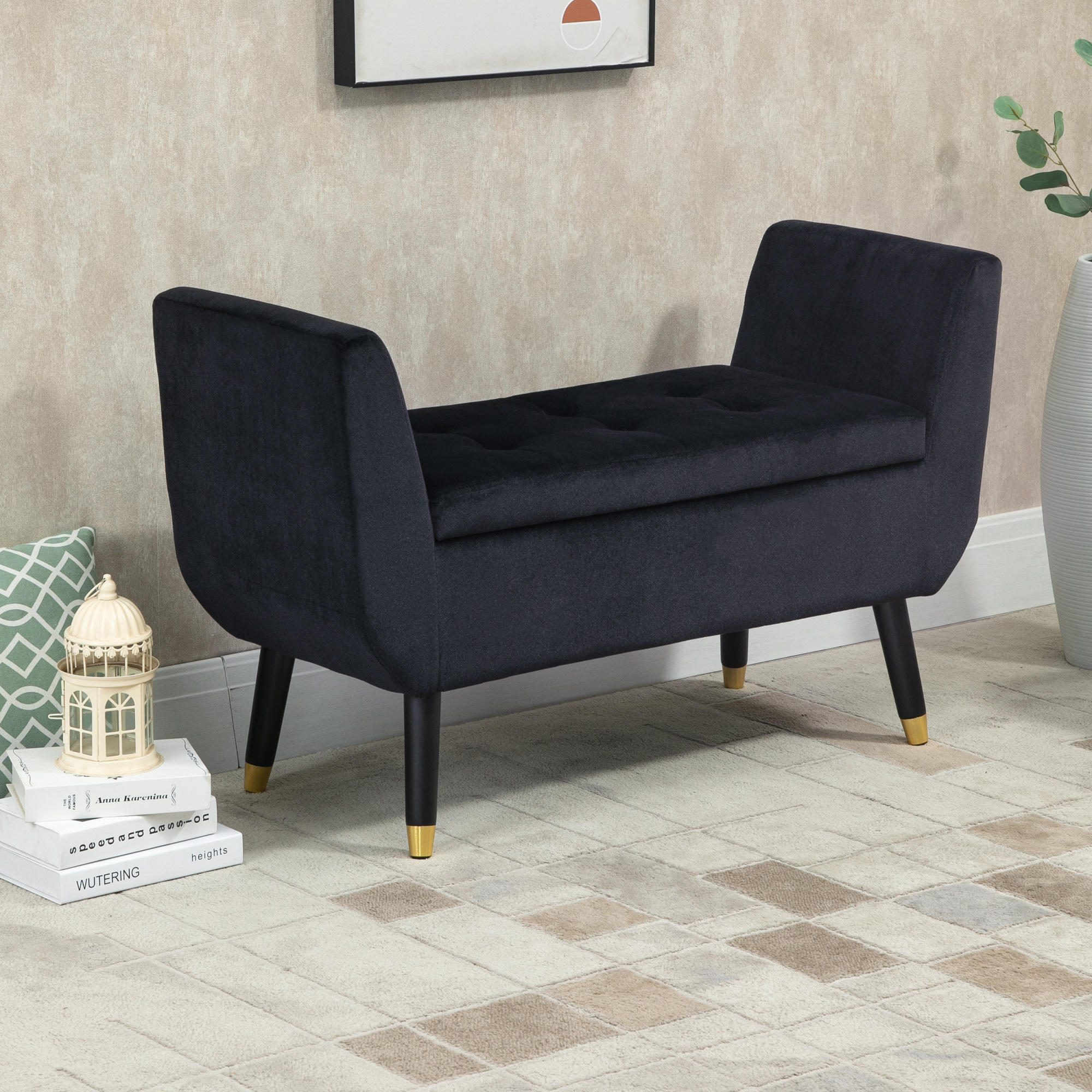 HOMCOM Sitzbank mit Stauraum Armlehnen Polsterbank mit Samtoptik, Sitztruhe mit Holzbeine, Truhenbank für Wohnzimmer Schlafzimmer Flur 107 x 42 x 65 cm, Schwarz
