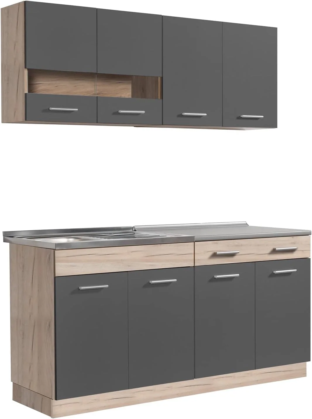 Homestyle4u Küchenzeile 160 cm ohne Geräte, Grau Eiche