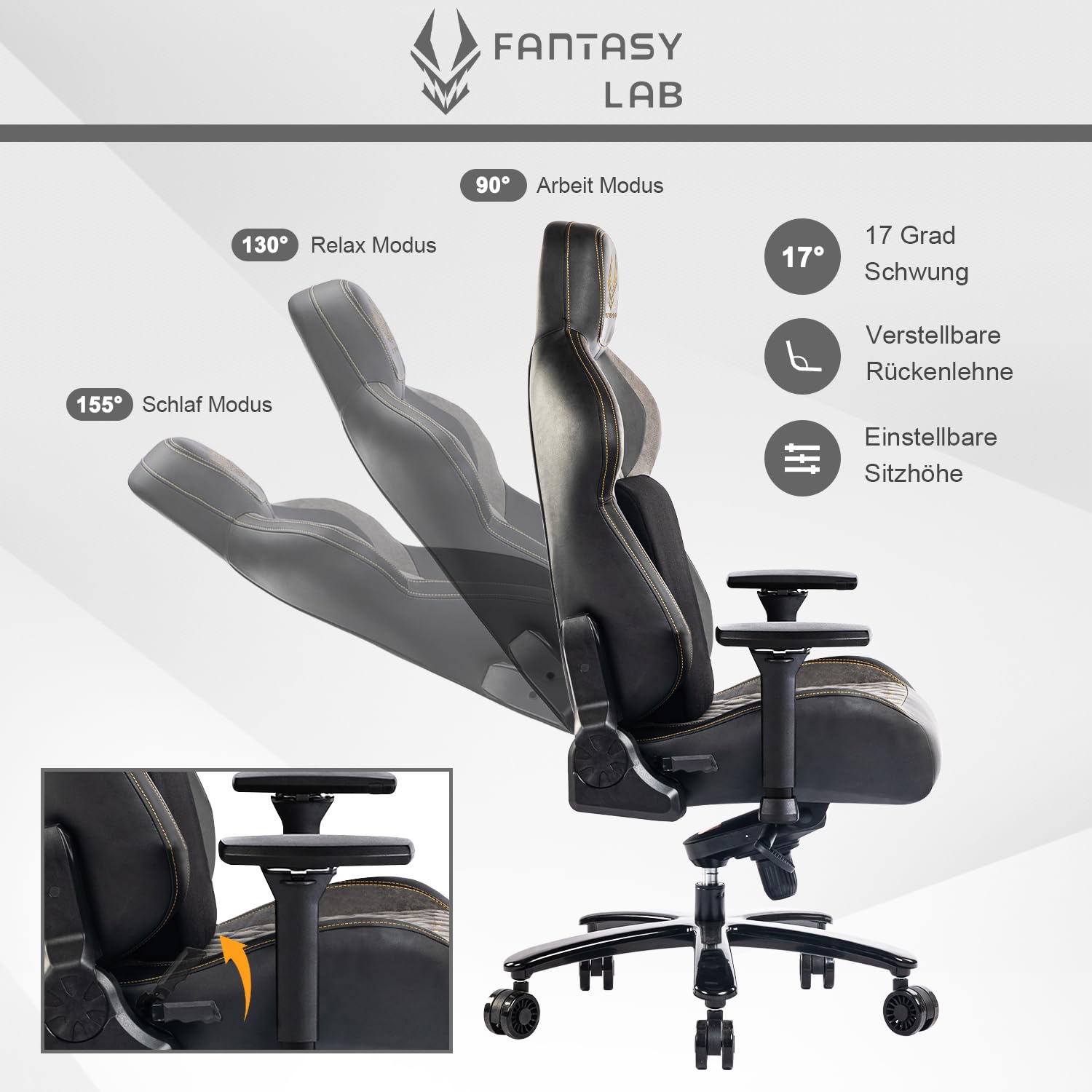 Gaming Stuhl bis 200 kg mit 4D-Armlehne und Lendenwirbelstütze, ergonomischer Bürostuhl in Grau