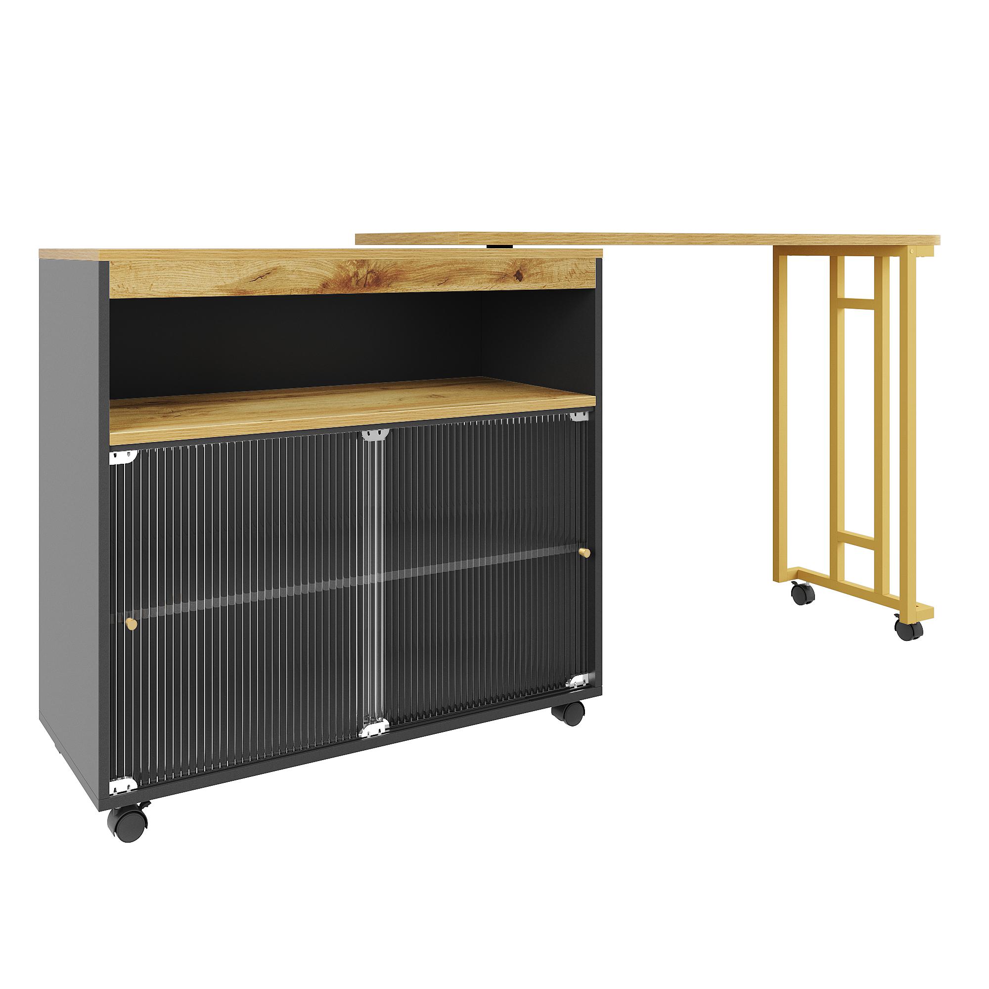 Ausziehbarer Bartisch mit Stauraum, Moderner Beweglicher Bar-Tisch, Teleskopischer Bartisch mit LED, 138-204×39×105cm, Schwarz