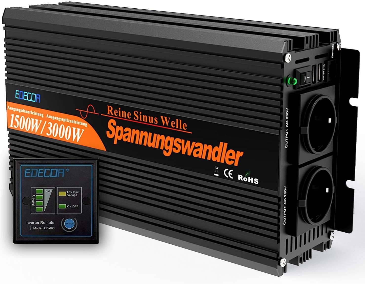 EDECOA Inverter 12v 220v Onda Pura 1000w USB Telecomando Converter di Potenza 1000w transformatore di corriente Isolamento galvanico (3a Generazione)