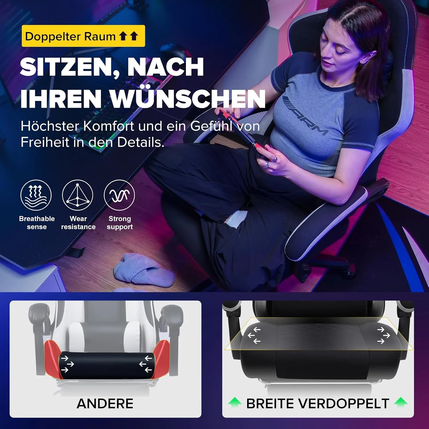 GTPLAYER Gamingstuhl mit Taschenfeder-Sitzkissen, Fußstütze und verstellbarer Rückenlehne