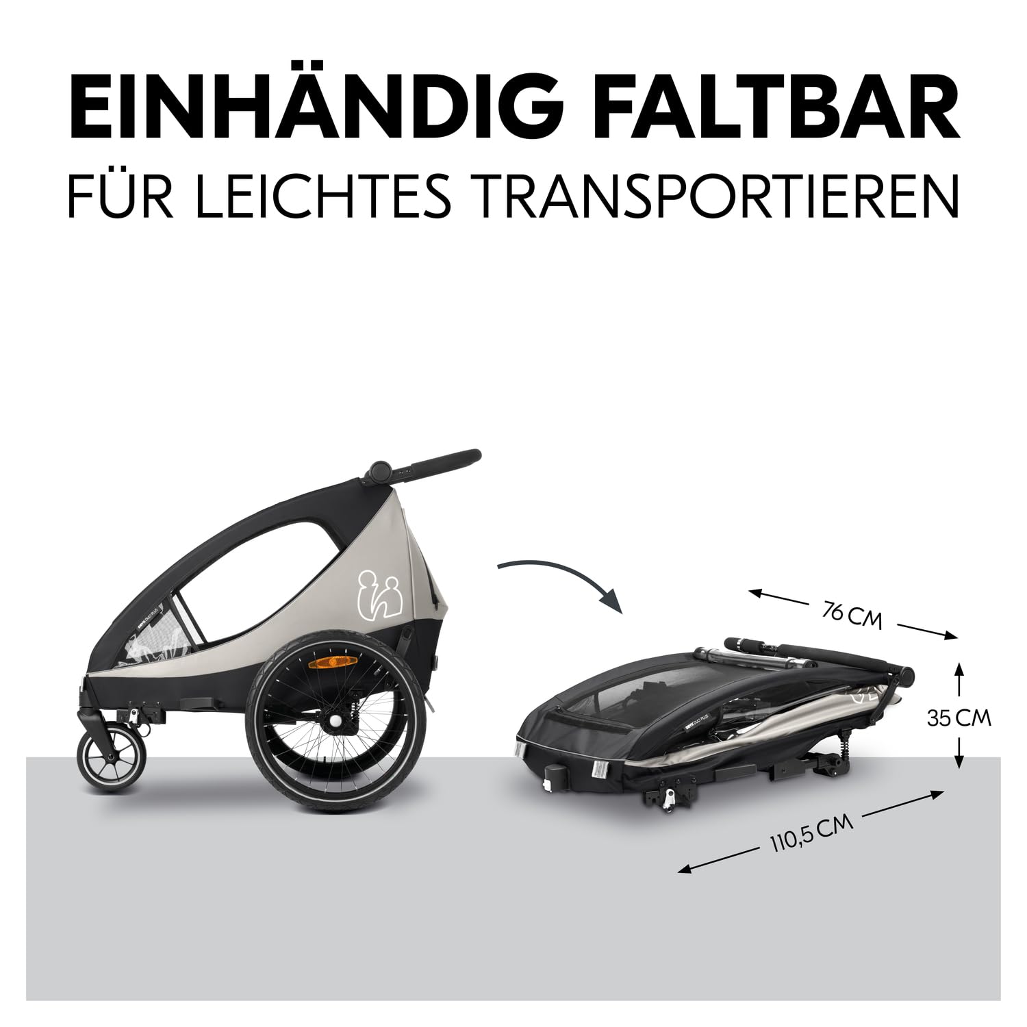 hauck Fahrradanhänger & Kinderwagen Dryk Duo Plus mit Federung, für 2 Kinder (6-48 Monate), inkl. Deichsel, Buggyrad, Fahne und LED Licht, Faltbar, Höhenverstellbar, XL Kofferaum (Dark Green)