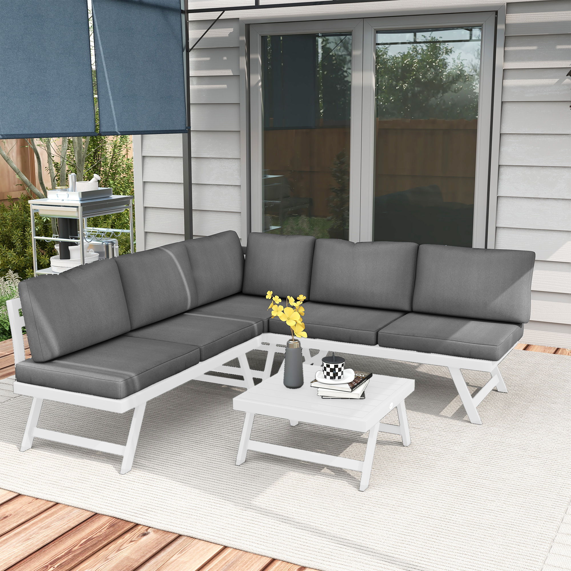 Outsunny 4-teilige Gartensitzgruppe Loungemöbel-Set 4-teilig, 115 cm x 61 cm x 65 cm, Grau + Weiß