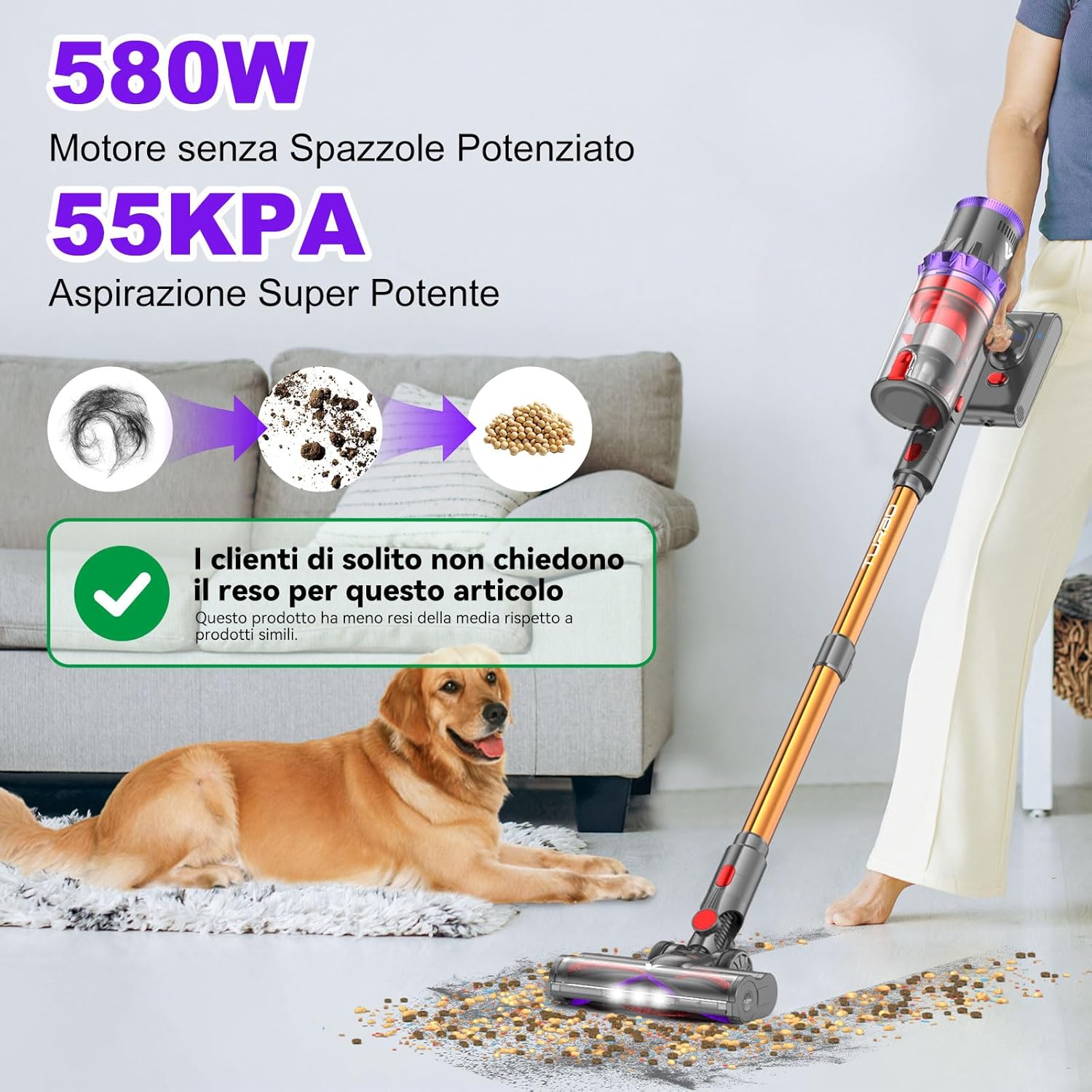 coovy 580W/55000Pa Aspirapolvere senza Fili SU7, Scopa Elettrica senza Filo Potente 75 Min Autonomia con LED Touchscreen Anti Groviglio per Tappeti Pavimento Peli Animali