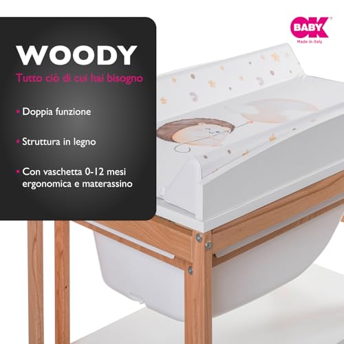 OKBABY Woody   Fasciatoio in Legno con Vaschetta Ergonomica e Ruote, Completo di Materassino Soffice per il Cambio del Neonato   0 12 Mesi (11kg)   Bianco : Amazon.it: Prima infanzia