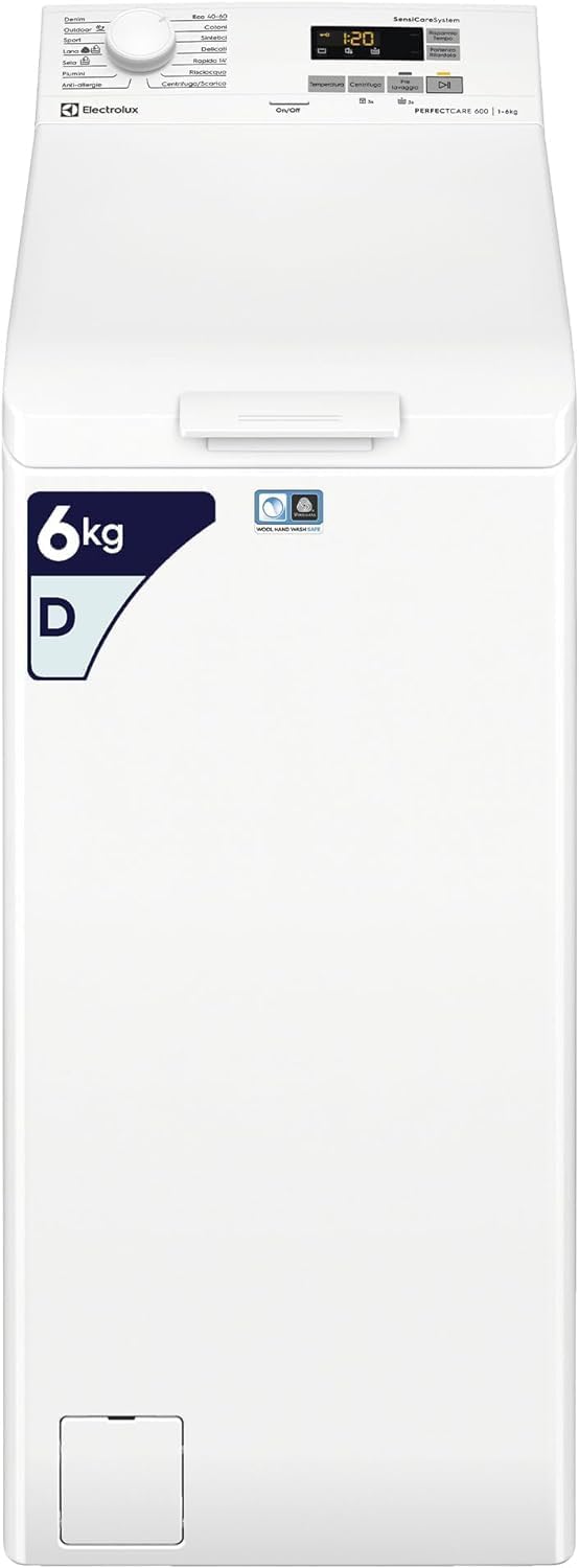 Electrolux Lavatrice a Carica Dall'alto 6 kg, Serie 600 EW6T562L, Tecnologia SensiCare, Display LED con Touch Control, TimeSave, 1151 giri/min, 908x397x599 mm