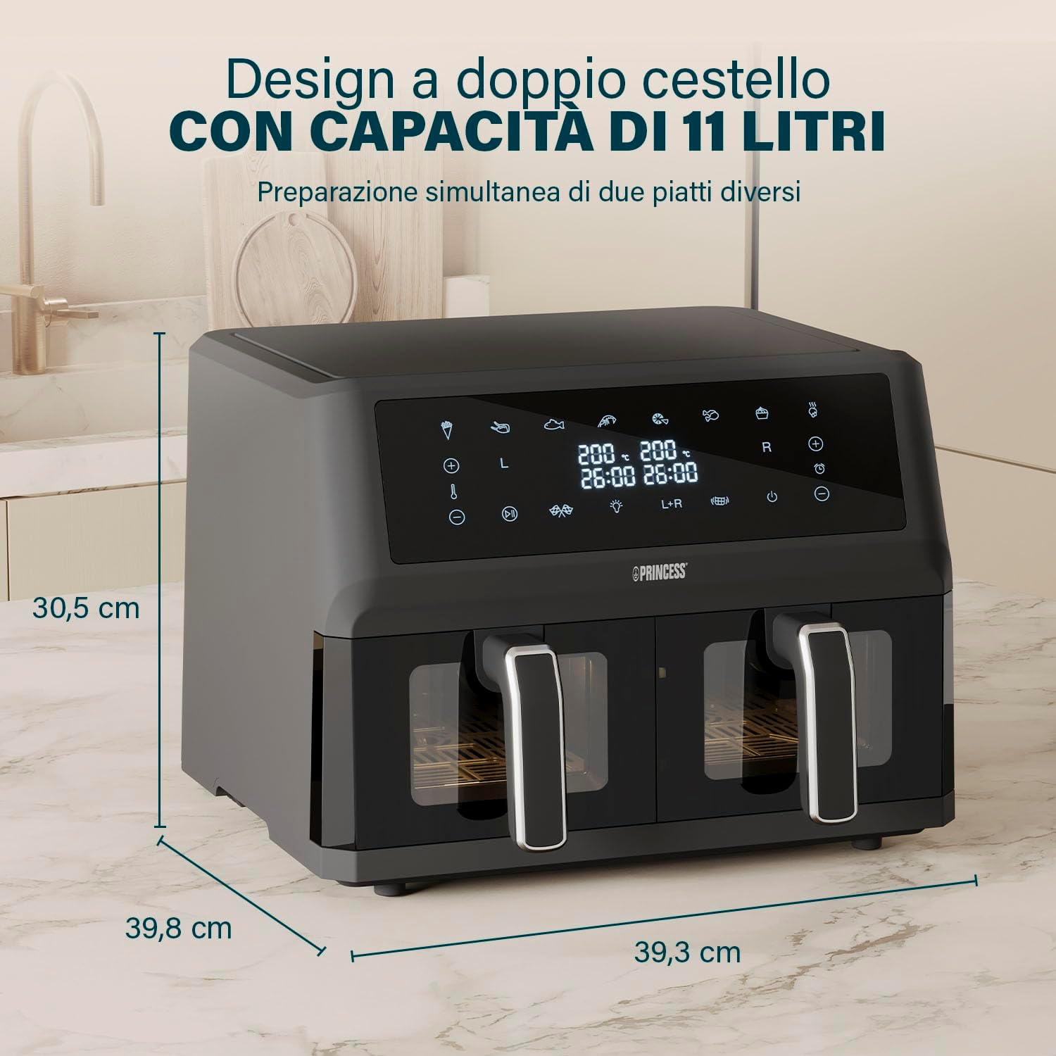 Princess XXL Friggitrice senza olio con doppio cestello - 11 L - Senza BPA e PFAS - Fine cottura sincronizzato - 8 programmi - Finestra di visualizzazione - 2400 W - 2x5,5 L - 182276