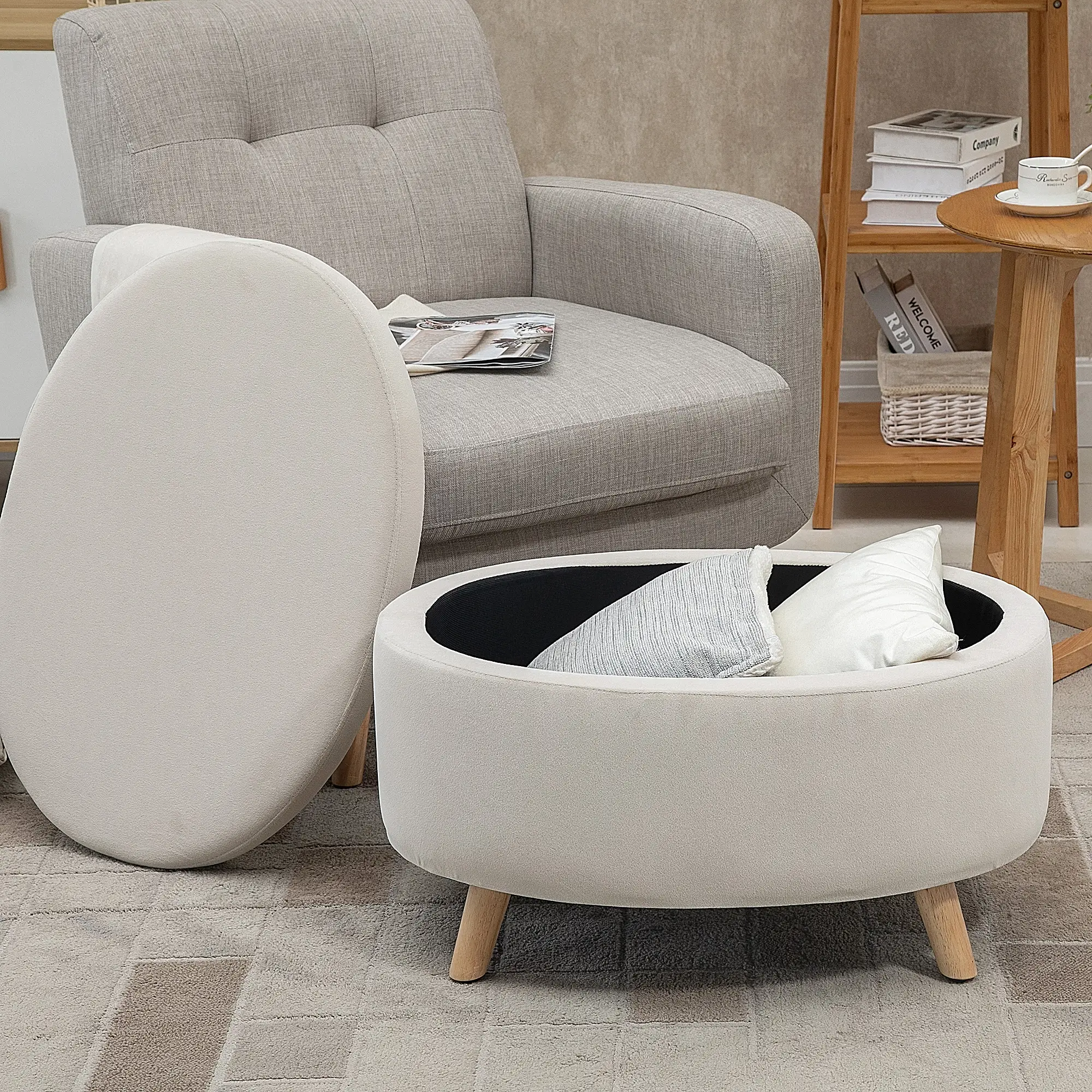 HOMCOM Sitzbank Sitztruhe oval Stauraum Samtoptik Holzbeine Beige