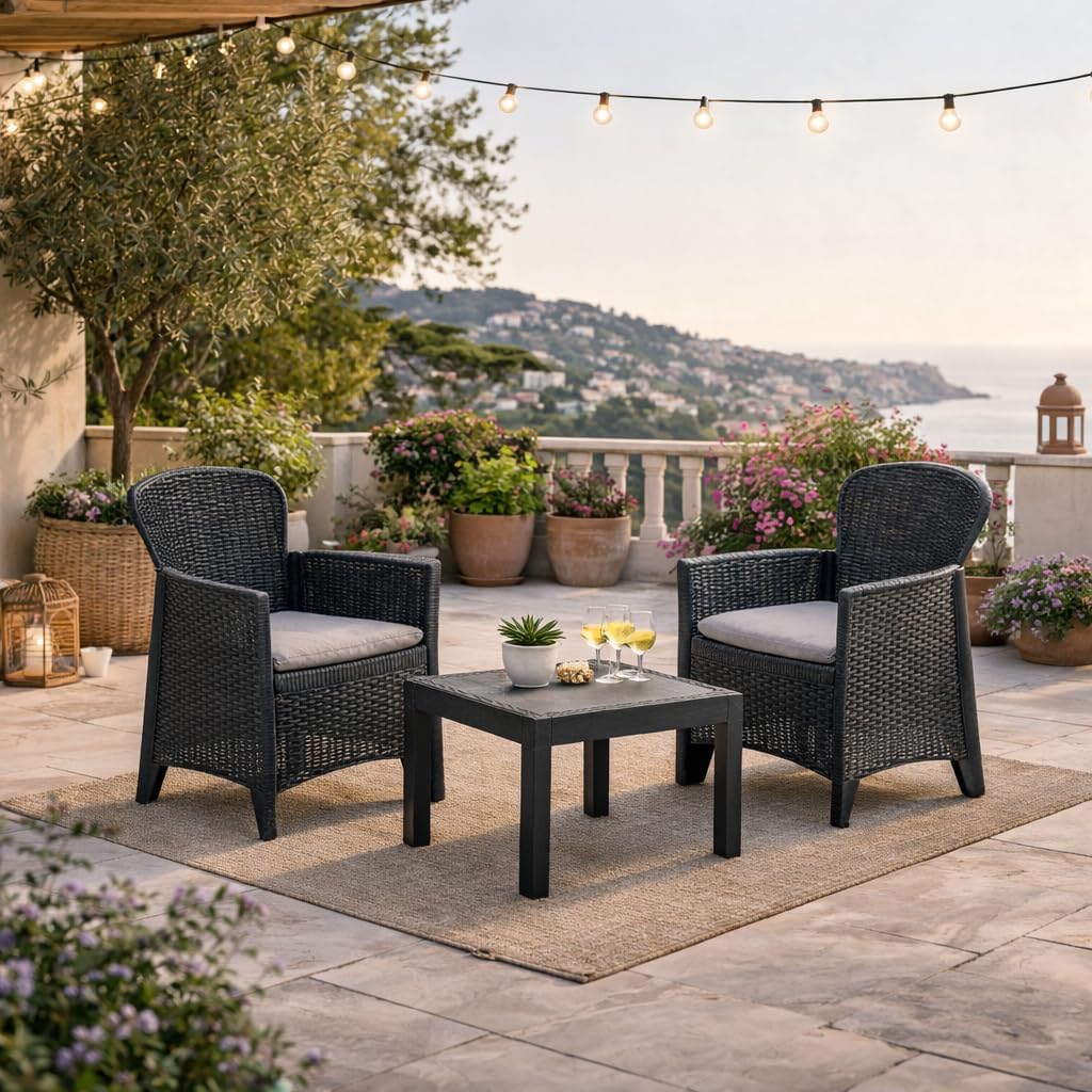 Salottino da Esterno 2 Posti Set da Giardino 2 Poltrone, Cuscini, 1 Tavolino - Lounge, Resistente alle Intemperie, Sedie, Set Mobili, Relax - Facile Montaggio Effetto Rattan