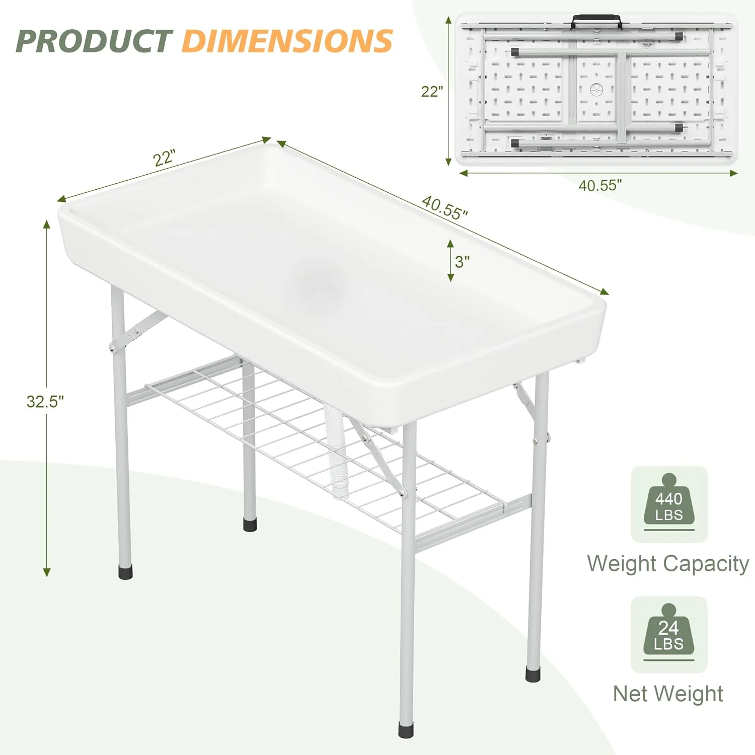 Portable Folding Ice Table with Shelf and Drain for Parties