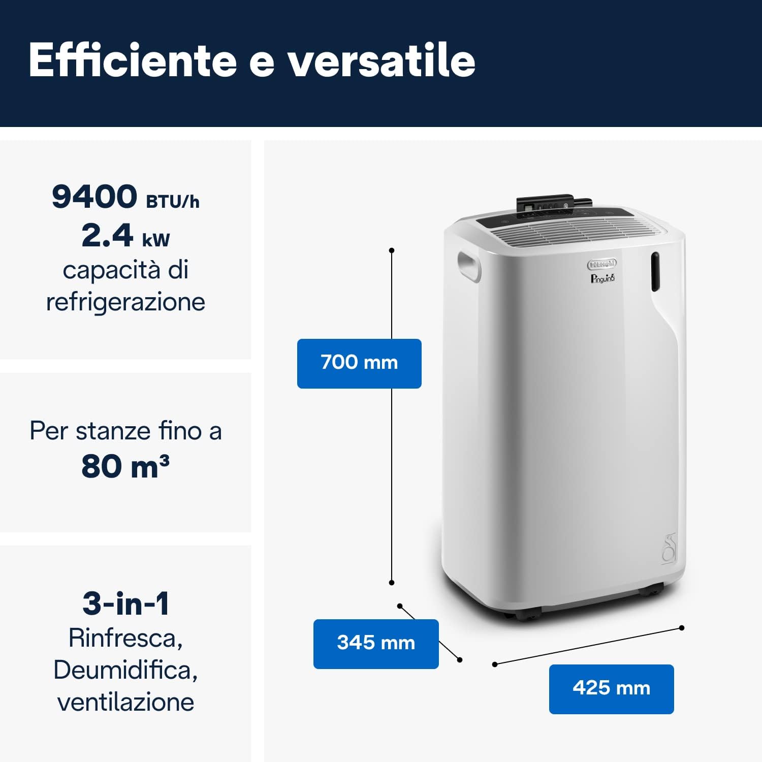 L'Originale Pinguino PAC EM82, Condizionatore portatile, Silenzioso, 9400btu/h, per ambienti fino a 80 m³, Funzione Deumidificazione, Gas Ecologico R290, Classe A, Timer 24H, Telecomando