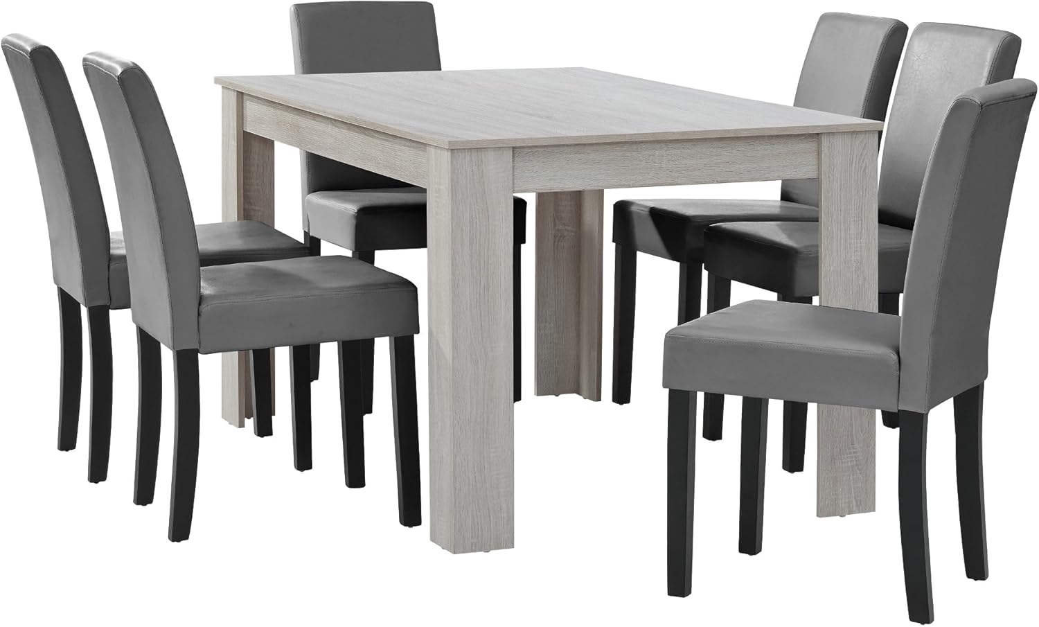 [en.casa] Set Pranzo con Tavolo in MDF 140x90 cm e 6 Sedie Imbottite in Similpelle - Set Elegante per Sala da Pranzo e Cucina - Effetto Rovere Bianco/Grigio Chiaro