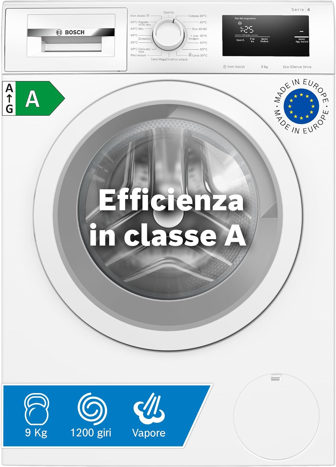 Bosch WAN24009II Serie 4 Lavatrice a carica frontale, 9 kg, 1200 giri, Classe energetica A, motore inverter con 10 anni di garanzia, riduce le pieghe e facilita la stiratura, Bianco, 60 Cm