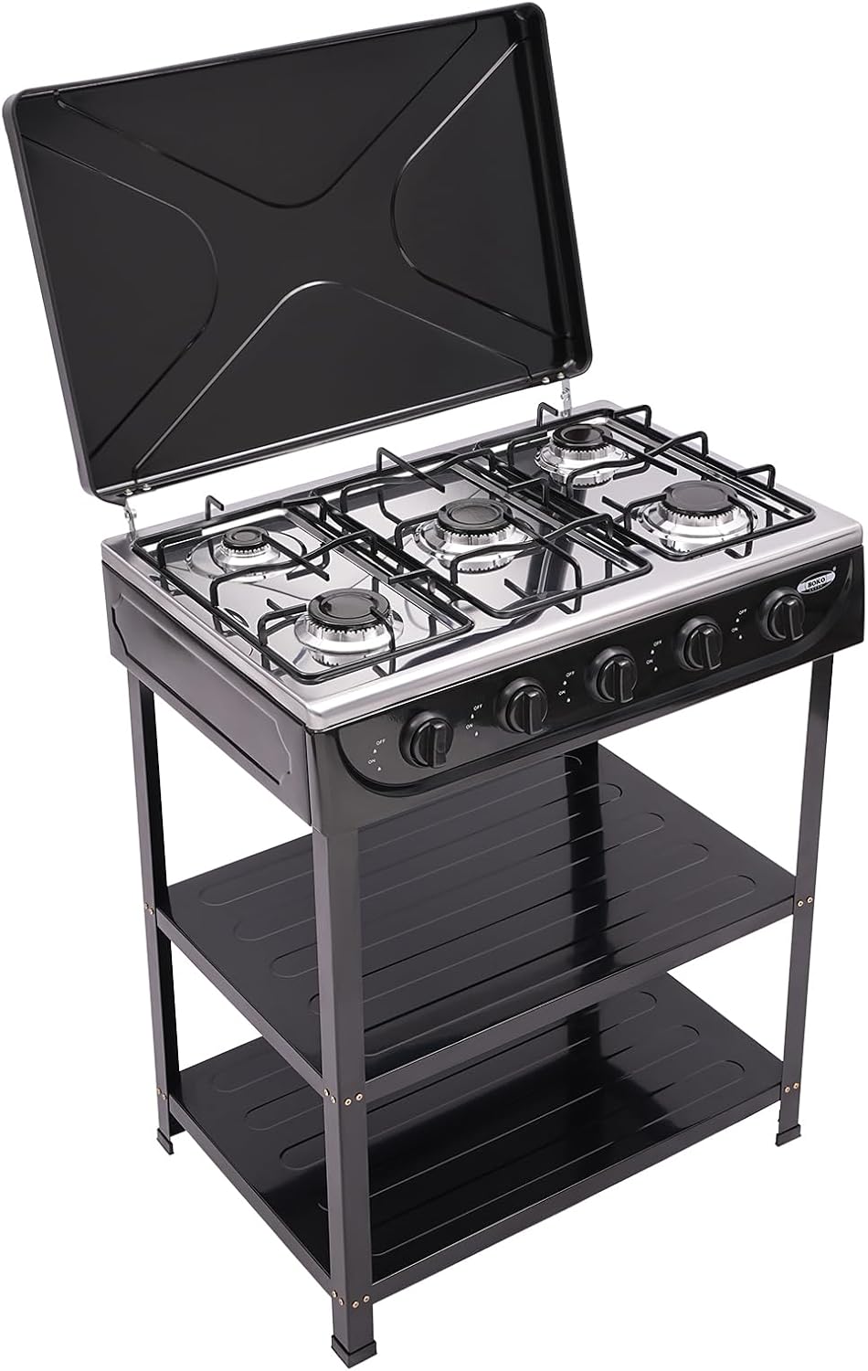 HarBin-Star Piano Cottura a Gas 5 Fuochi con Supporto Antiscivolo, Carrello per Barbecue con Coperchio, Fornello Indipendente da Campeggio, 61,5 x 42,5 x 82 cm (Nero)