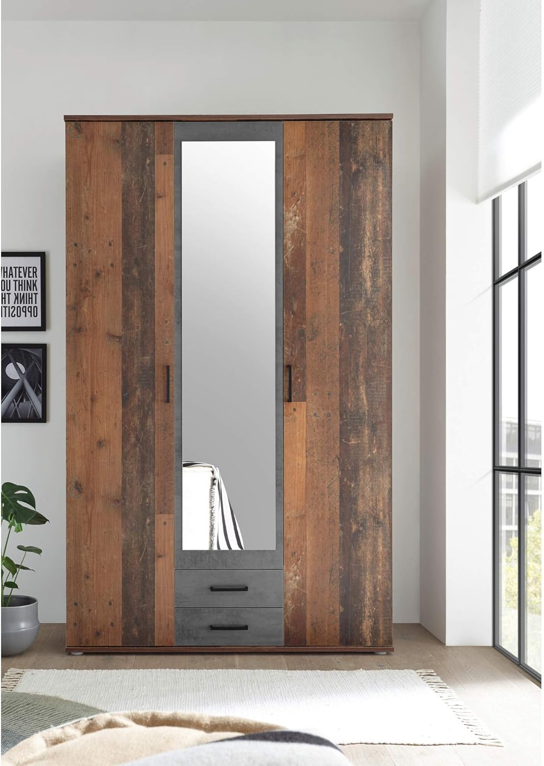 CHICAGO Eleganter Kleiderschrank mit viel Stauraum - Vielseitiger Drehtürenschrank in Old Style & Betonoxid Optik - 120 x 197 x 54 cm (B/H/T)
