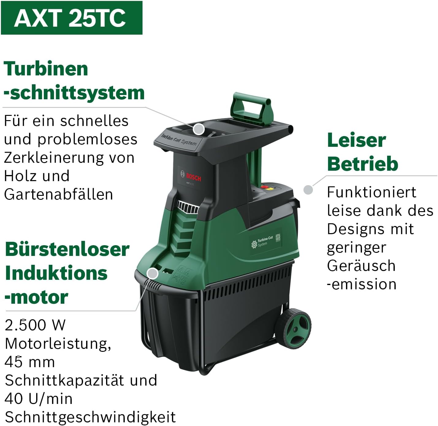 Bosch Turbinenhäcksler AXT 25 TC (2.500 W, geeignet für Holz und harte Gartenabfälle, integrierte Fangbox 53 l, in Karton)