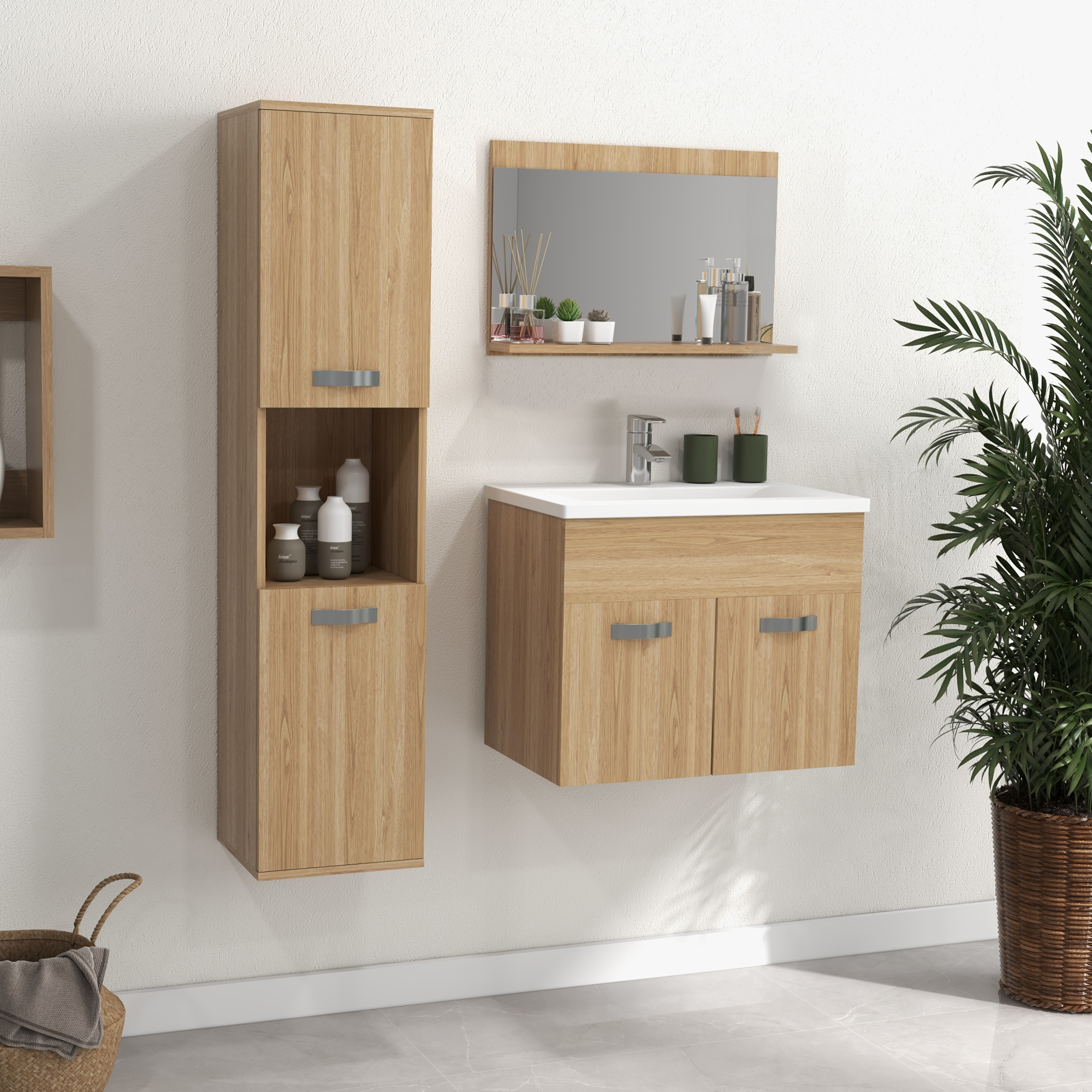 kleankin Badezimmermöbel-Set Badezimmerspiegelschrank + suspendierter Unterschrank mit Waschbecken + Säulenschrank natur