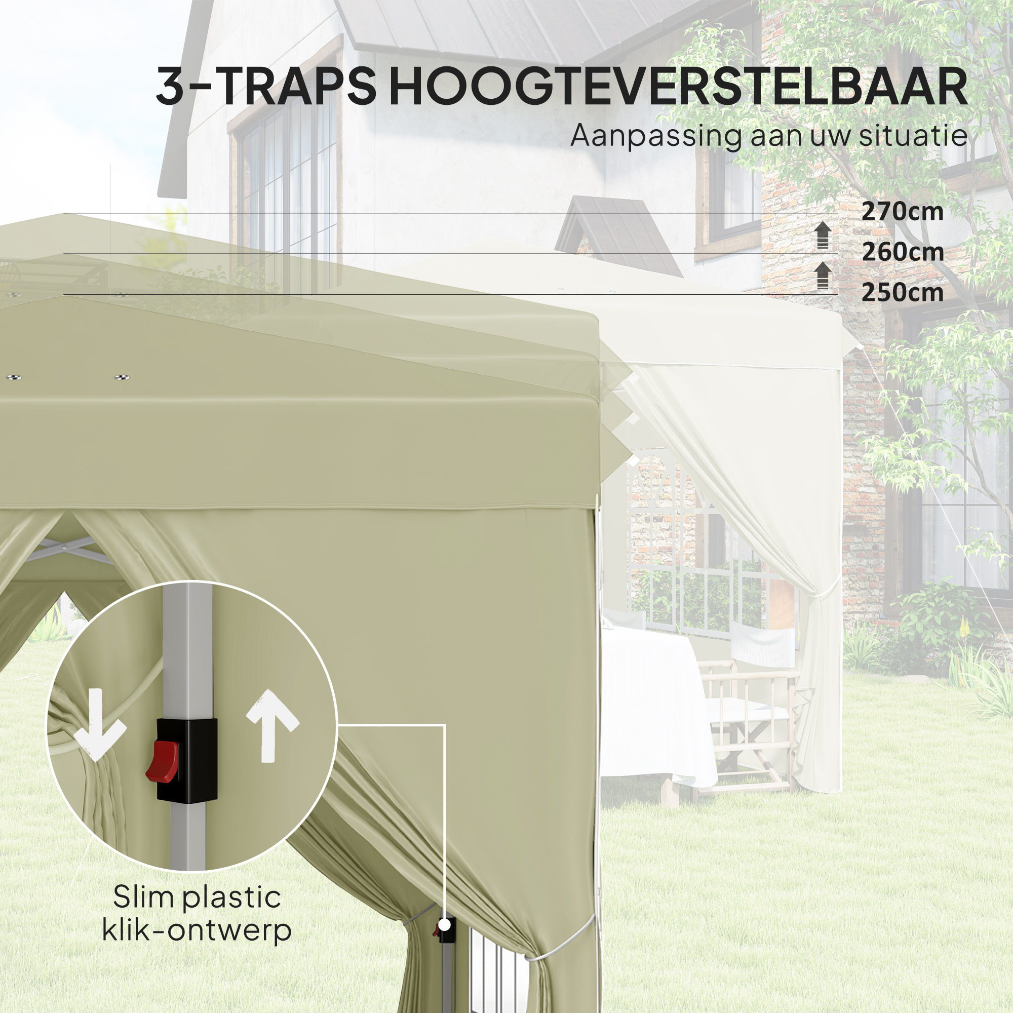 2,5 x 2,5 m Pop-up paviljoen met zijwanden en draagtas, UPF50+ in hoogte verstelbaar tuinpaviljoen, Cr��mewit