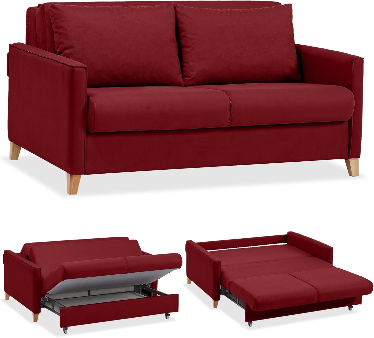 EVERGREENWEB - Divano Letto 2 Posti Matrimoniale L165xP110xA90 con Box Contenitore Struttura Pieghevole Imbottita Tessuto Bordeaux, Schienale a Doppio Cuscino, Sofà con Chaise Longue Estraibile CALION