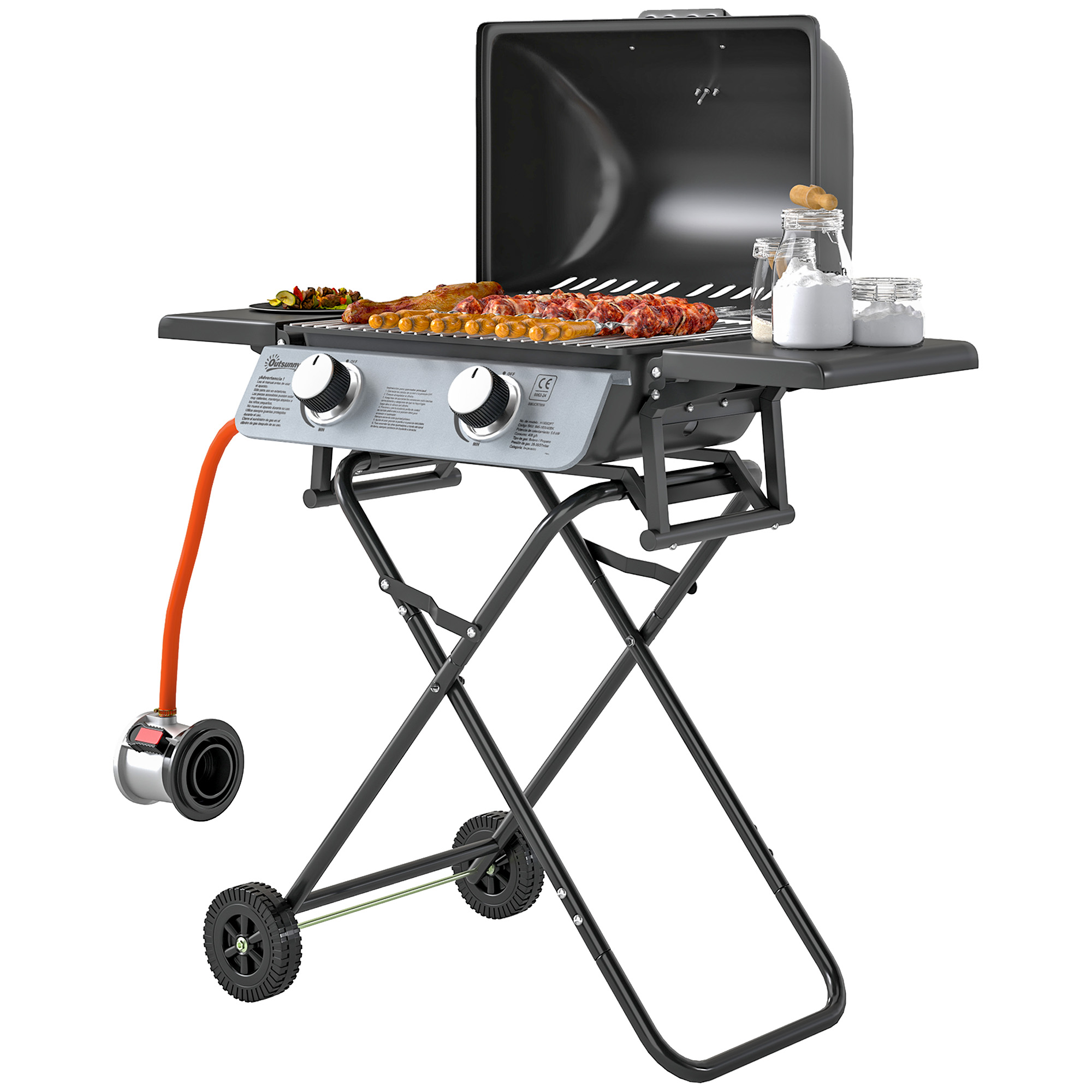 Outsunny Gasgrill 5,6 KW Grillwagen inkl 2 Edelstahl-Brenner klappbar Seitenablagen Rolle 101 x 50 x 102 cm Schwarz