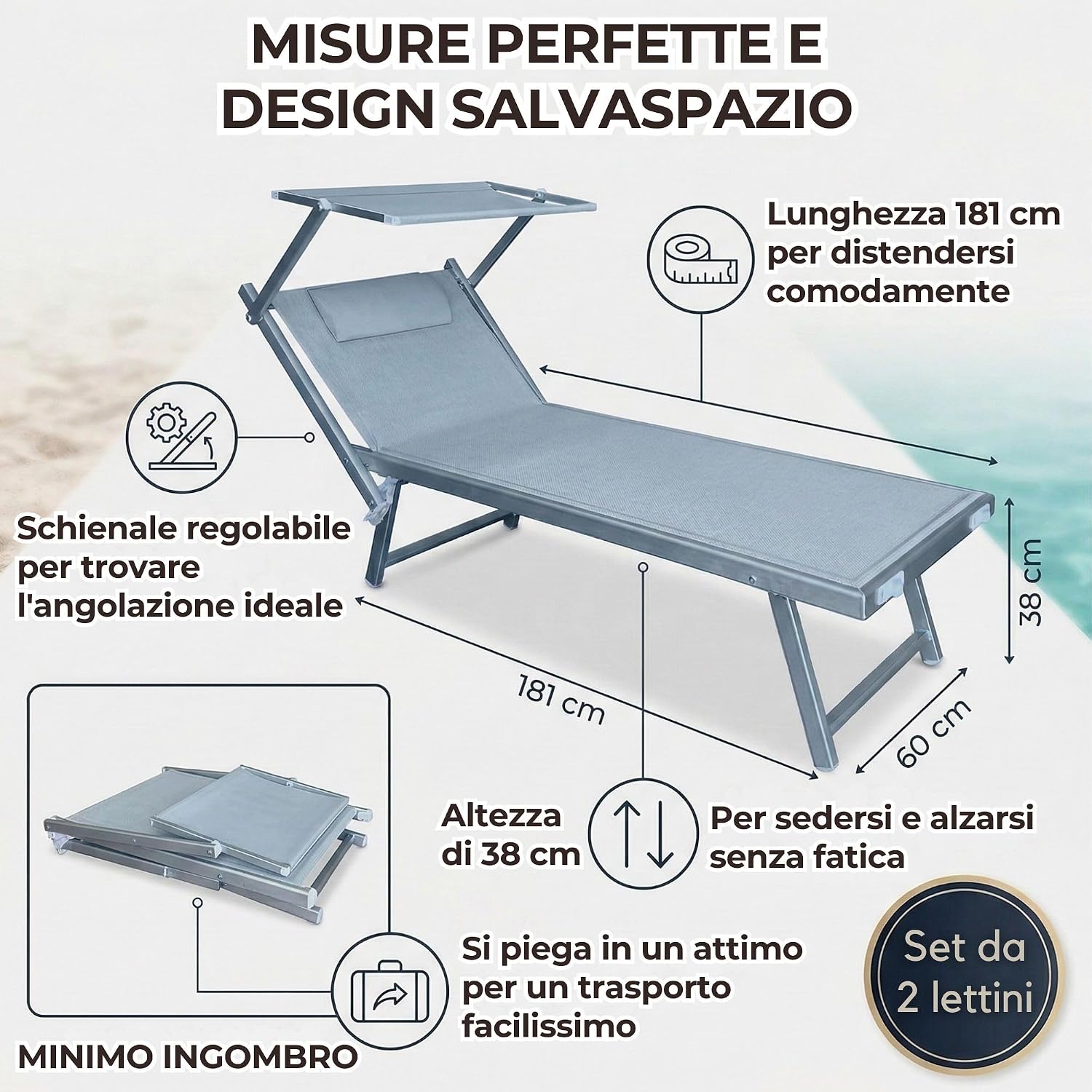 ZIK - 2 Lettini da Spiaggia Professionali, Sdraio da Spiaggia Pieghevole, Leggera, in Alluminio, Schienale Regolabile (181x60x38cm) Lettino Prendisole da Giardino, Mare, Piscina, Balcone (2x Bianco)