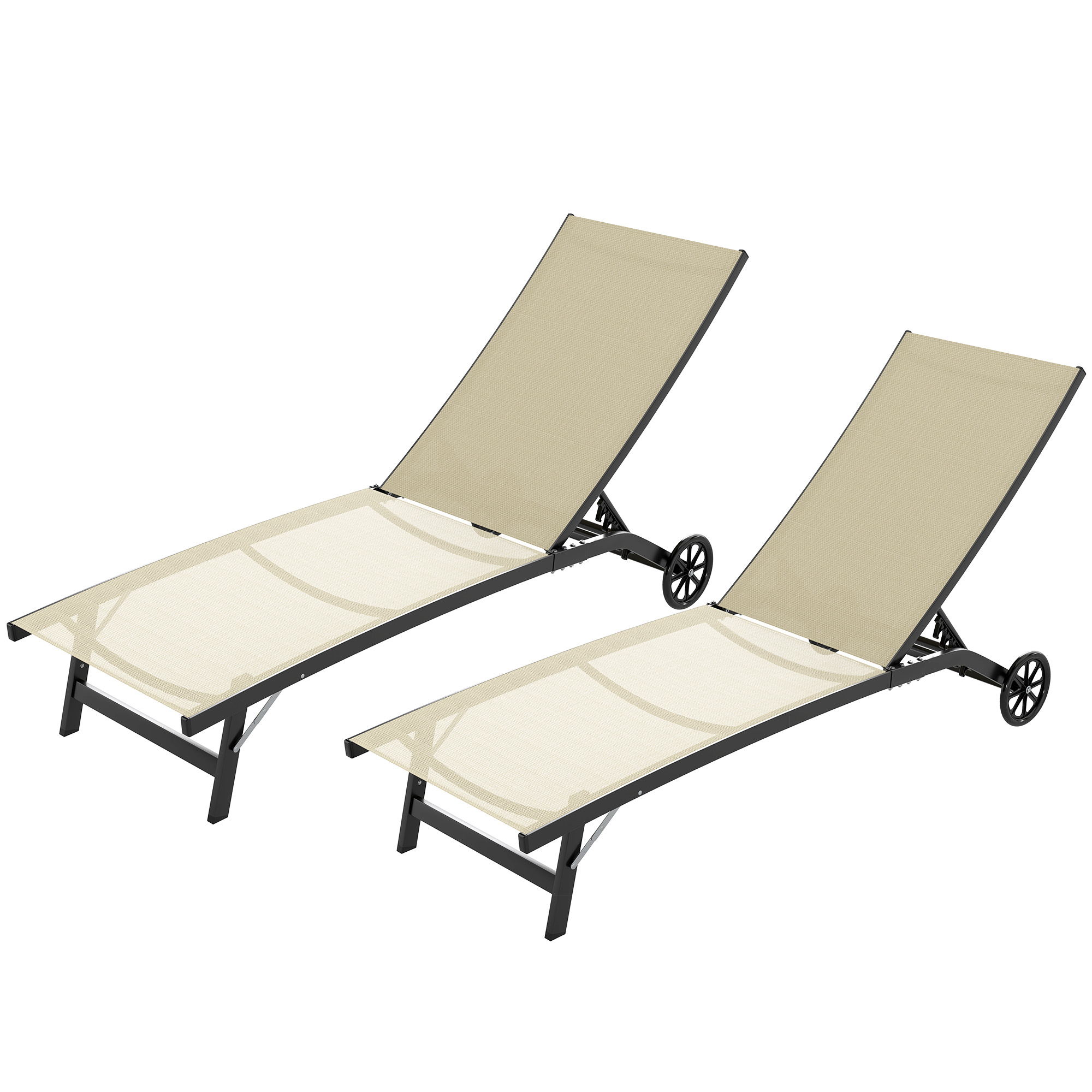Outsunny Set mit 2 Sonnenliegen aus Aluminium und Textilen mit Rollen verstellbare Rückenlehne Max. 150 Kg Khaki