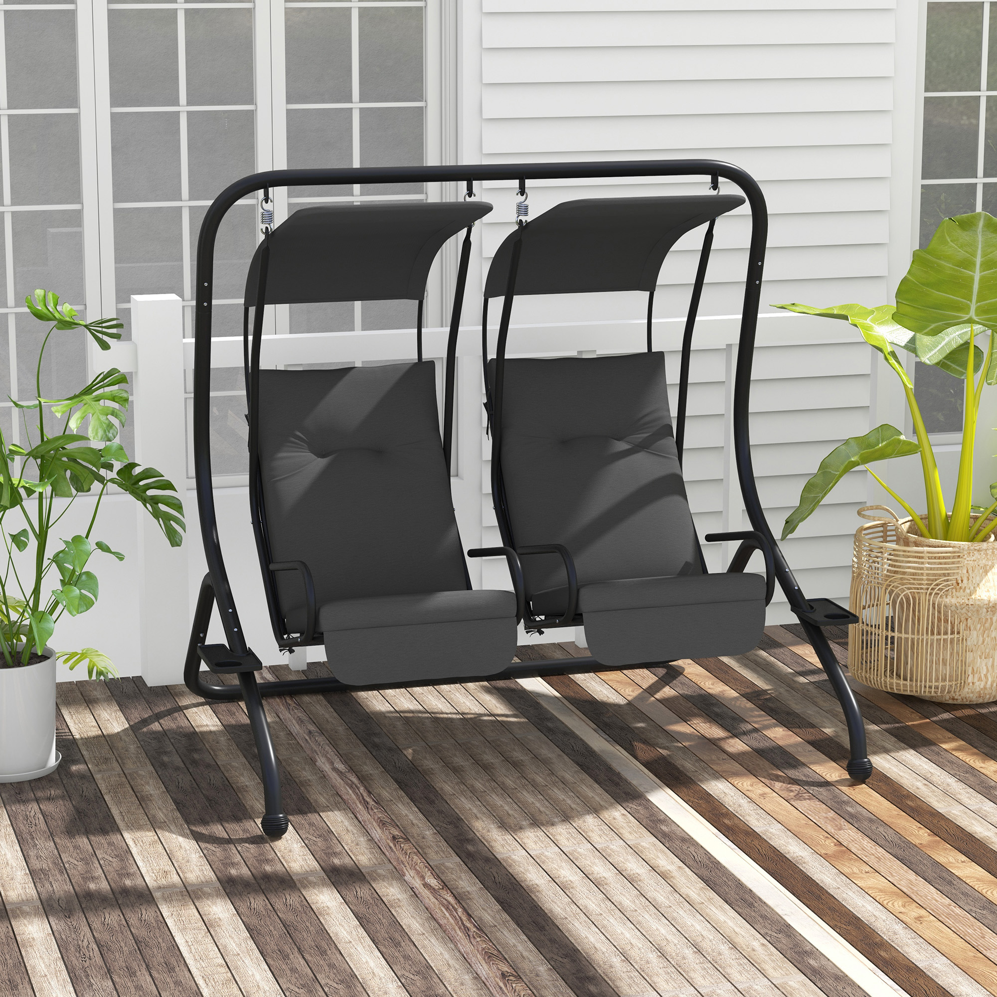 Outsunny Hollywoodschaukel Gartenschaukel, wetterbeständig,2 getrennte Size, 2 Getränkehalter, 170 cm x 136 cm x 170 cm, Grau