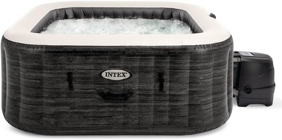 Intex 28452EX - PureSpa Vasca Idromassaggio Greystone Deluxe Quadrata, 6 posti, 170 Getti, Riscaldatore, PVC, Grigio, 195x195x71 cm