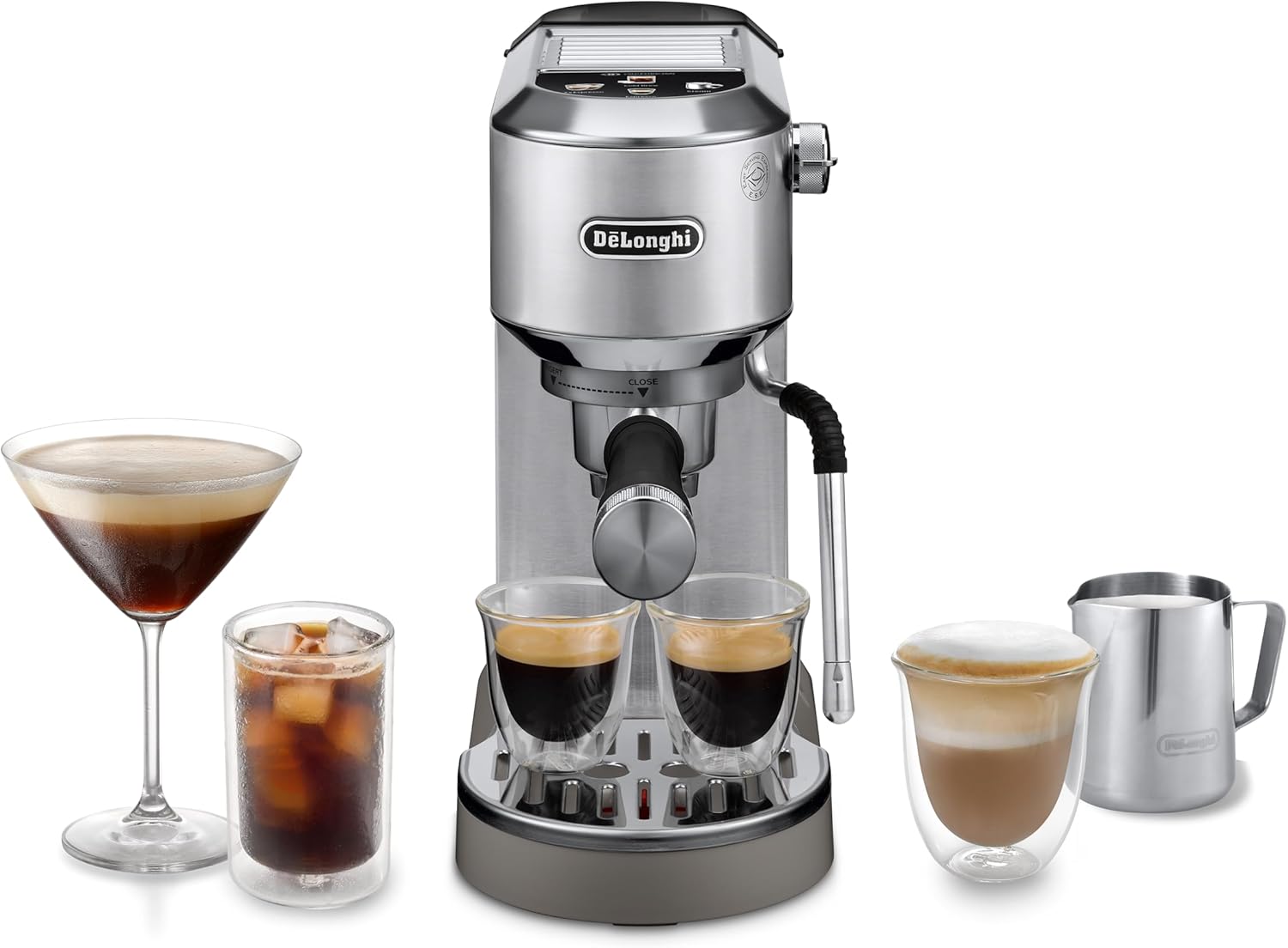 De'Longhi Dedica Duo - Perfetto Kompakte Siebträgermaschine Espressomaschine mit Soft-Touch-Icons, manuellem Milchaufschäumer für Espresso, Cappuccino und Cold Brew, 15cm breit, Metall (EC890.M)