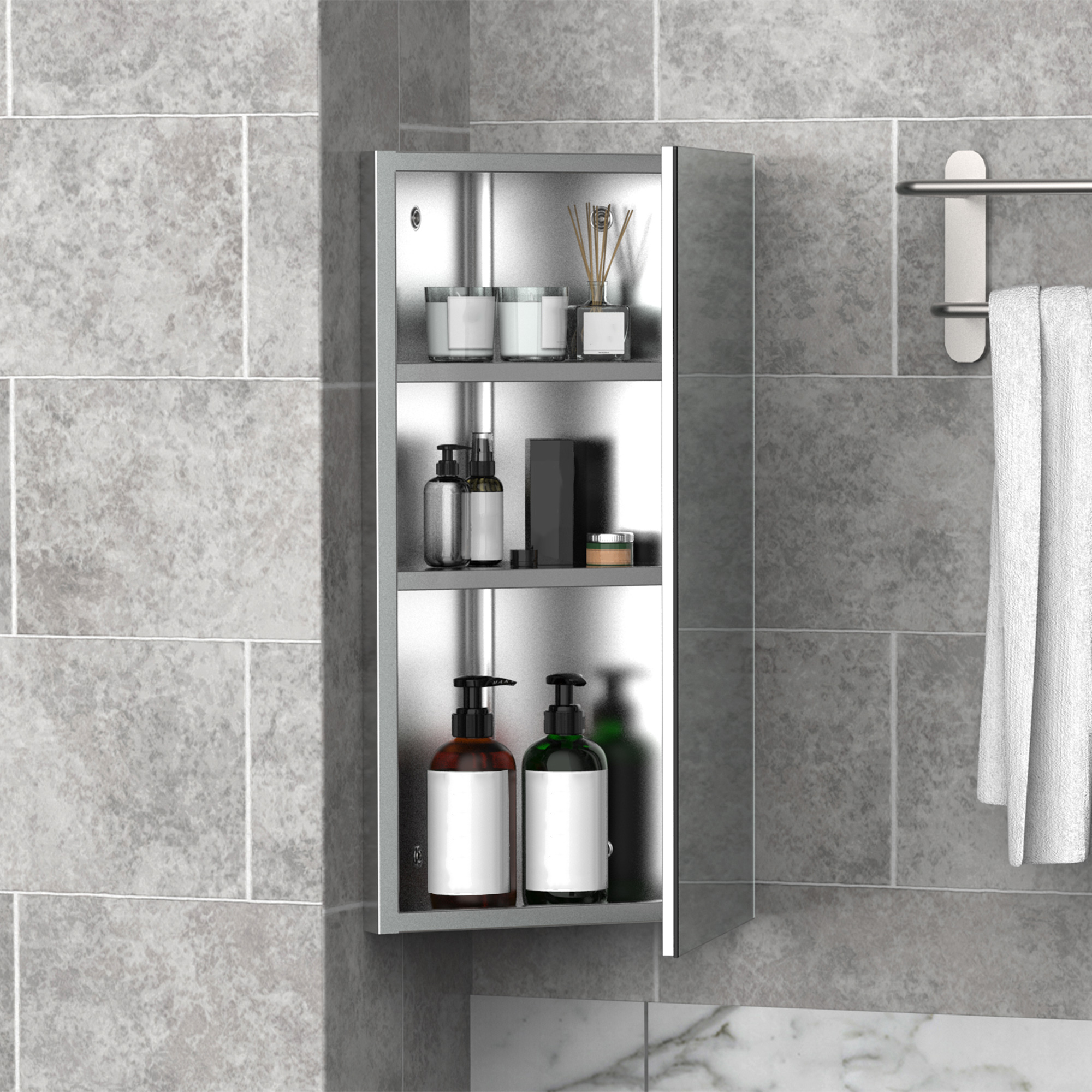 HOMCOM Spiegelschrank Badezimmer Wandtoilette Eckschrank 2 Regale Abmessungen 30 B x 18,4 T x 60 H cm Edelstahl
