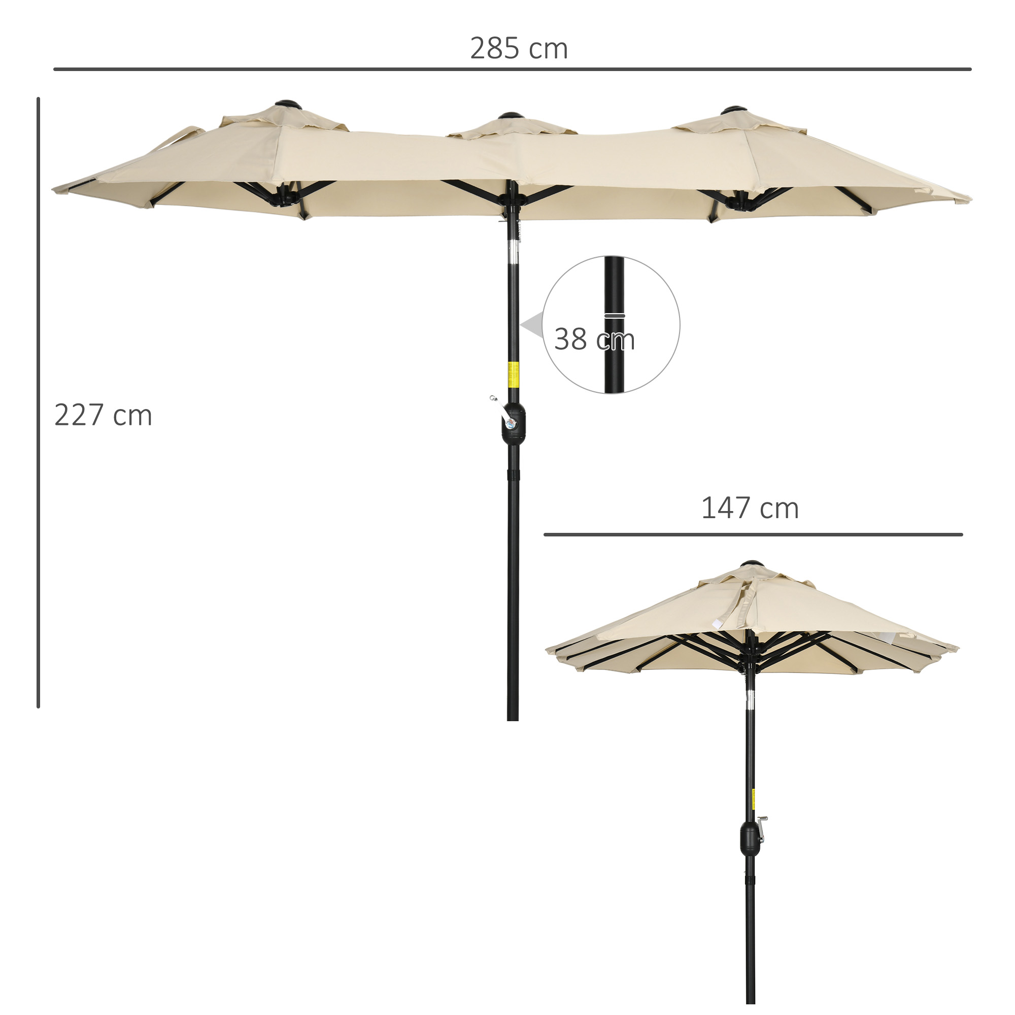 Outsunny parasol, tuinparasol, kantelbaar, met handslinger, windkap, polyester+staal, kaki, 285 x 147 cm