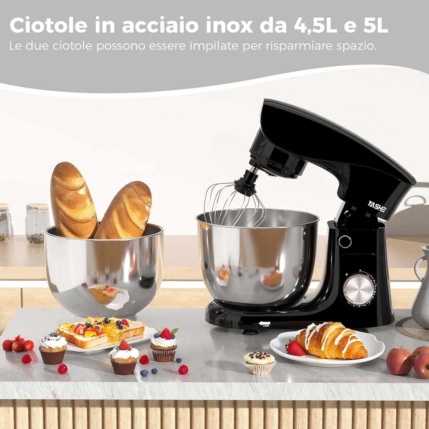 YASHE Impastatrice Planetaria 1500W, 2 Ciotole in Acciaio Inox 4,5L + 5L, 10+P Velocità, Testa Inclinabile, con Gancio Impastatore, Frusta e Sbattitore, Nero