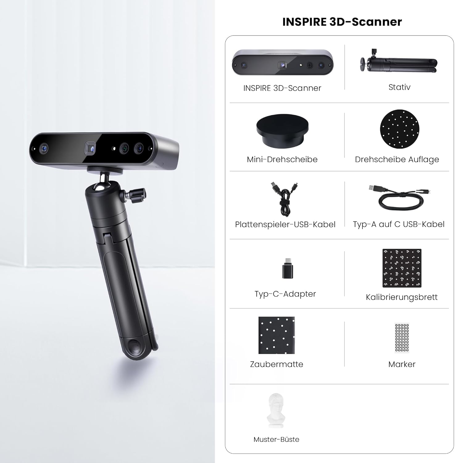 Revopoint INSPIRE 3D-Scanner für 3D-Druck handgeführter, tragbarer 3D-Scanner mit bis zu 18 FPS Scangeschwindigkeit, 0,2 mm Genauigkeit, vollfarbiges 3D-Scannen Kompatibel mit Android/iOS/Mac/Win