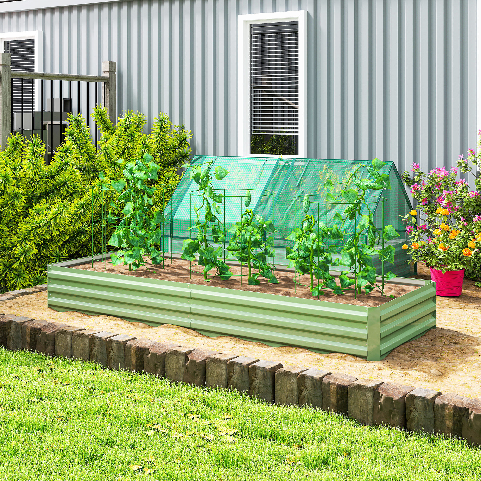 Outsunny Stahl-Hochbeet, offener Boden, einfacher Aufbau, 241L x 90,5B x 30H cm, Grün