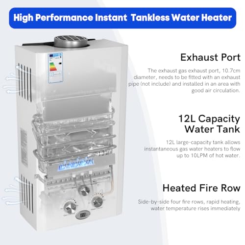 Xverycan Scaldacqua a gas da 12 l, 24 kW, GPL per acqua, propano butano, applicabile, scaldabagno senza serbatoio, per uso domestico, campeggio, roulotte, cabine all'aperto, fienili : Amazon.it: Fai da te