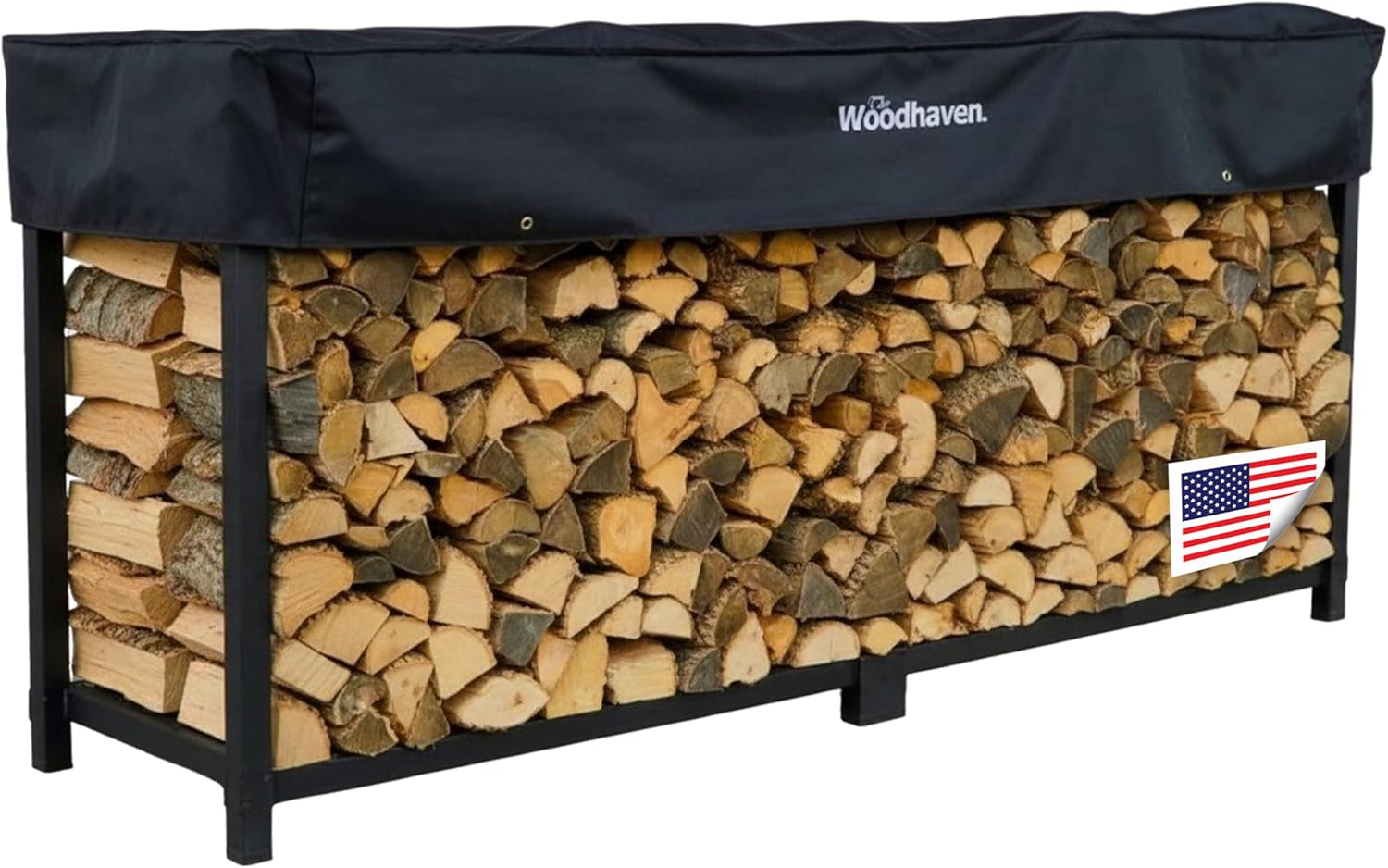 Woodhaven 8-Foot Firewood Rack – American Brand – 1/2 Cord Raised Lumber Storage Rack – Keeps Wood Dry & Ready – Heavy-Duty Steel  Lifetime Structural Warranty (With Cover)
