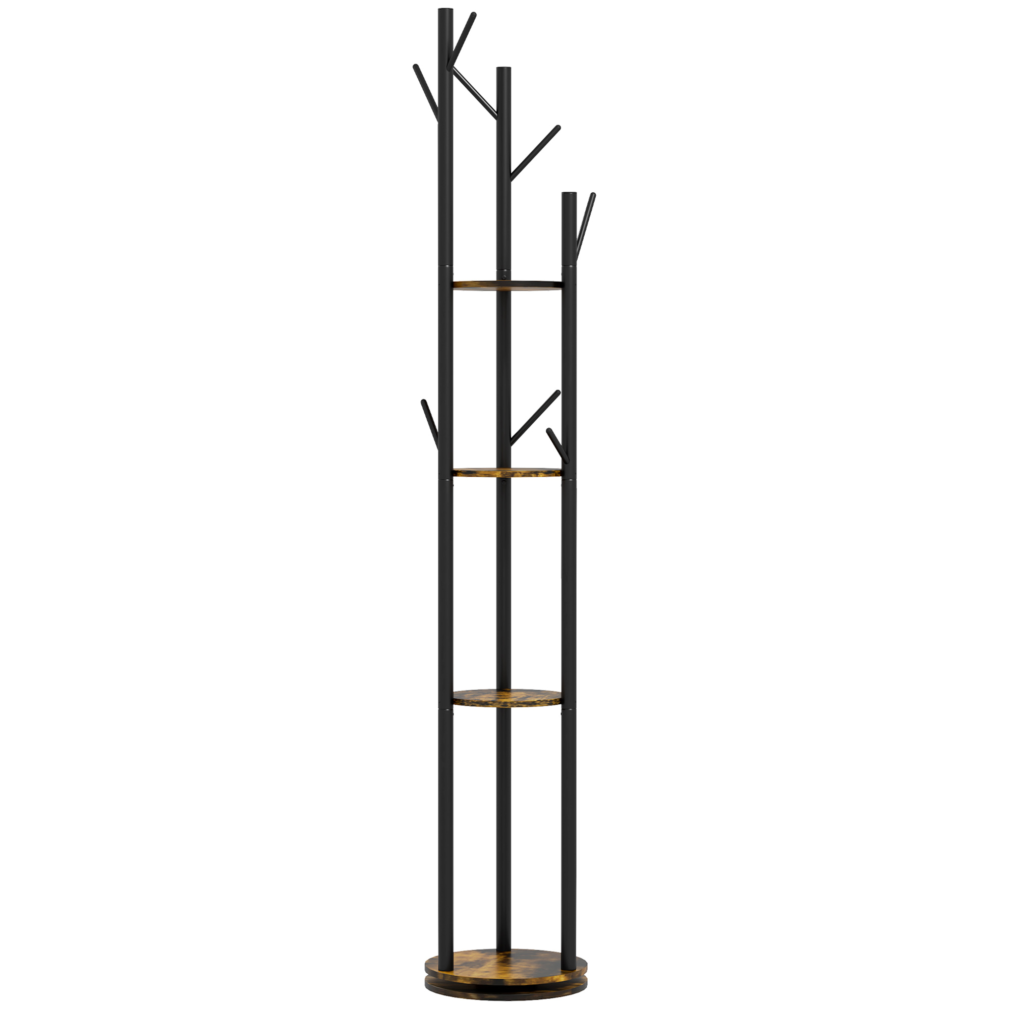 HOMCOM Drehbarer Bodenständer mit 8 Haken und 4 Regalen im Industriestil, Ø30x175cm, Marrone