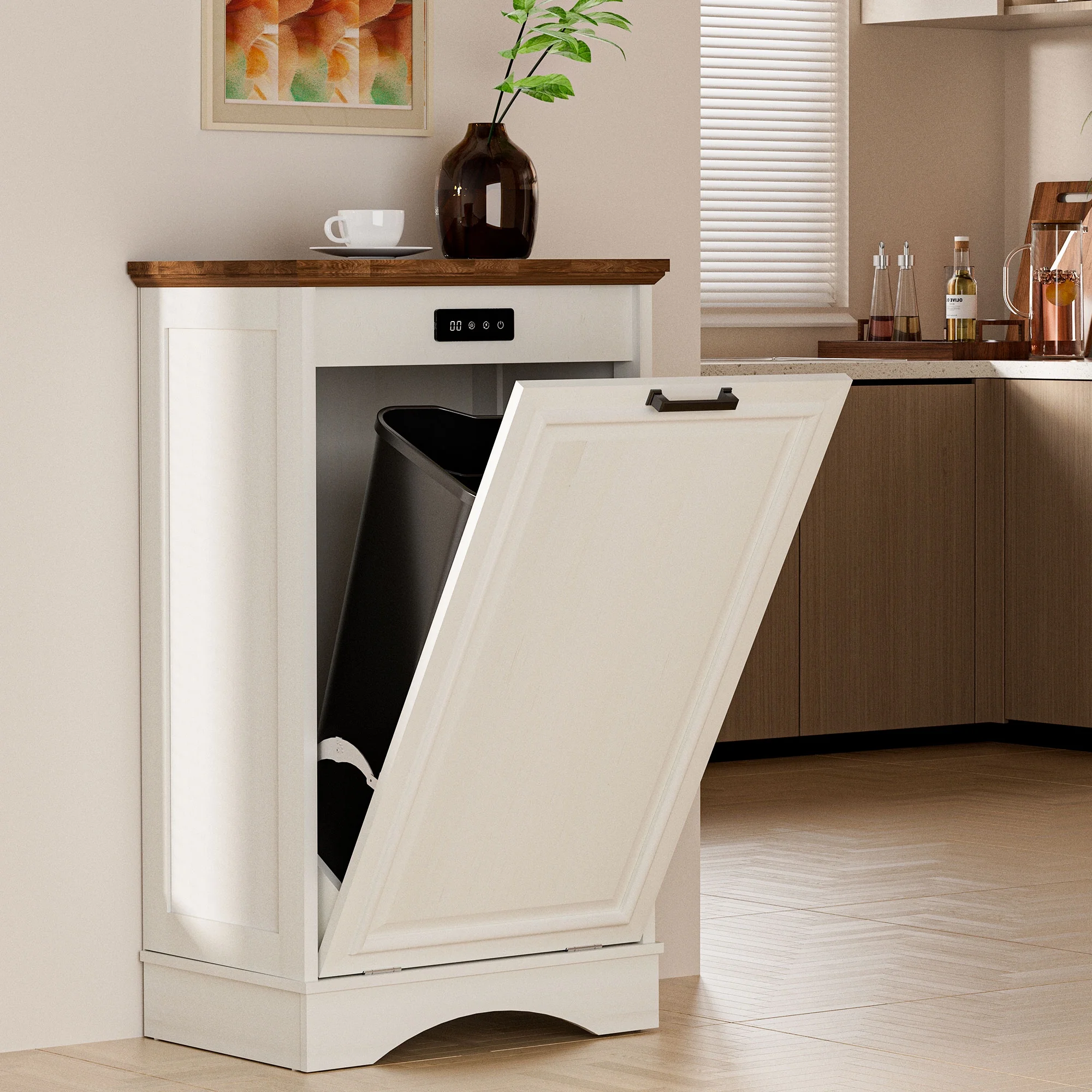 HARIPUL Single Tilt Out Trash Cabinet for 13 Gallon Waste Bin, Free Standing Kitchen Trash Can Cabinet with Drawers, White