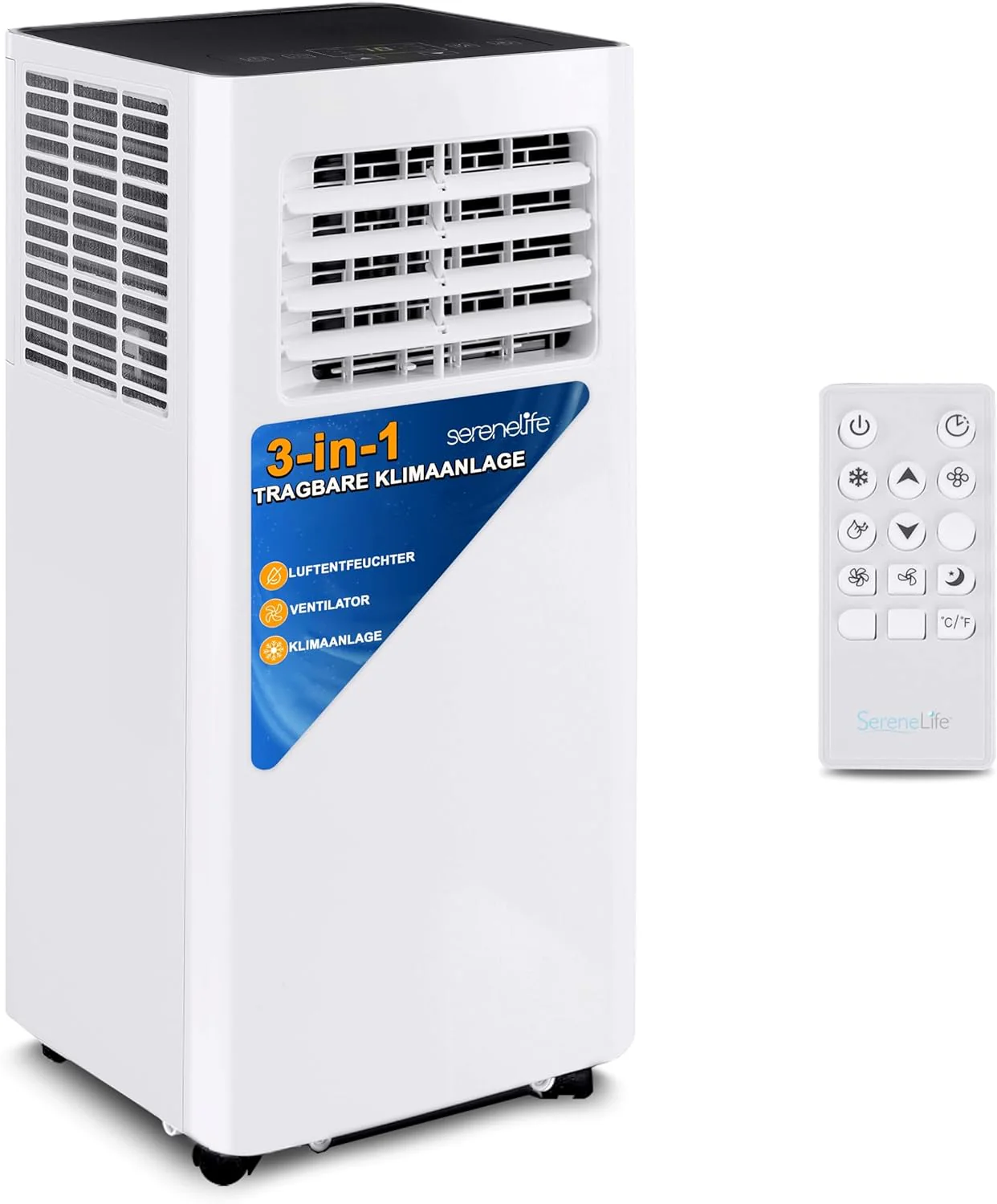 SereneLife 3-in-1 Mobiele Airconditioner met Afvoerslang �C Klimaatregelaar als Luchtkoeler, Ventilator & Luchtontvochtiger �C Mini Airco voor Ruimtes tot 28 m2 �C Luchtkoeler voor Thuis & Kantoor 10.000 BTU