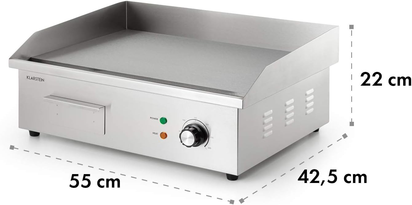 Klarstein Elektrogrill, Grillplatte, Elektrische Grillplatte, Tischgrill, Elektrogrill aus Edelstahl, Spritzschutz & Auffangbehälter, Glatte XL Grillfläche: 54,5x35 cm, Stufenlos 50-300 °C, 3000 Watt