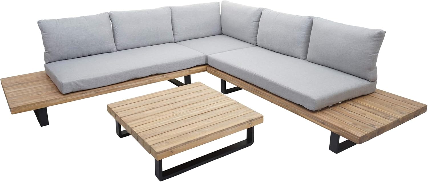 Mendler HWC-H54 Outdoor Garden Living Room Set Acacia Wood Aluminium Light Brown with Light Grey Cushions
