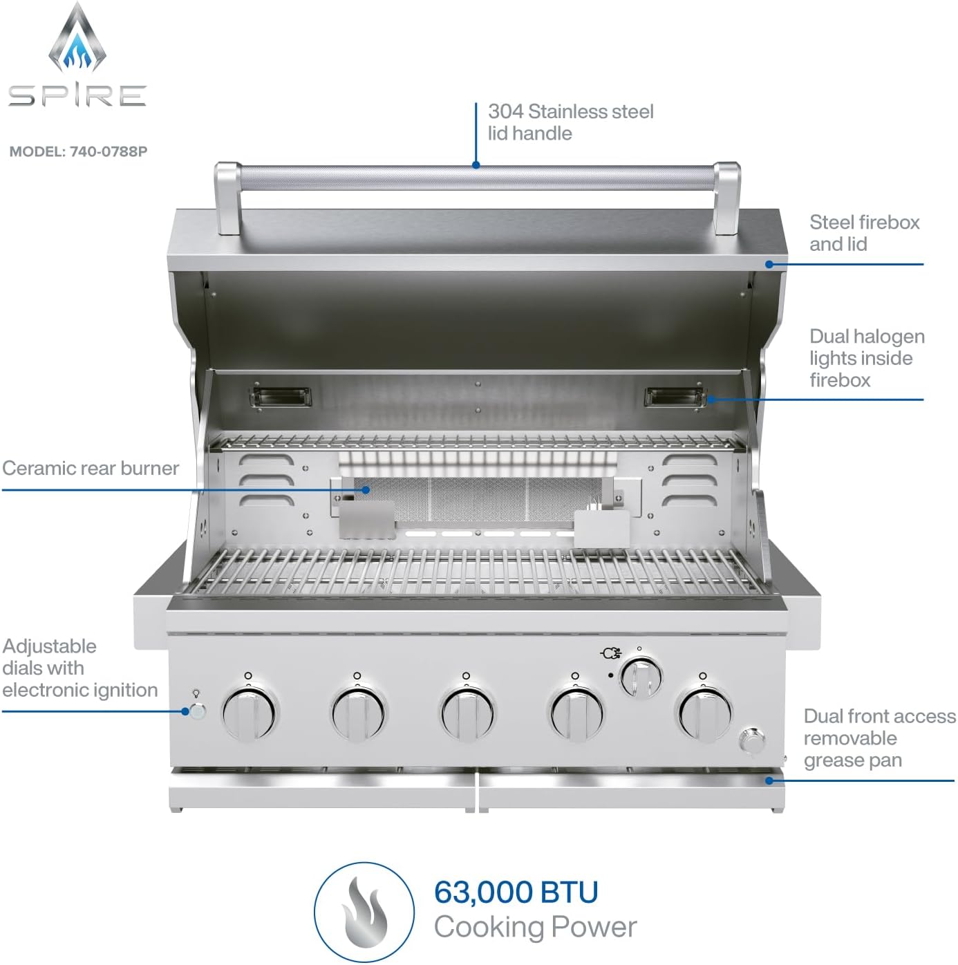 Spire Premium 5 Burner Built In Gas Grill Island Head  Stainless Steel 30 Inch Propane Grill with Rear Burner  63 000 BTUs  750 SQ In Racks  Dual Fuel Compatibility - 740-0788P