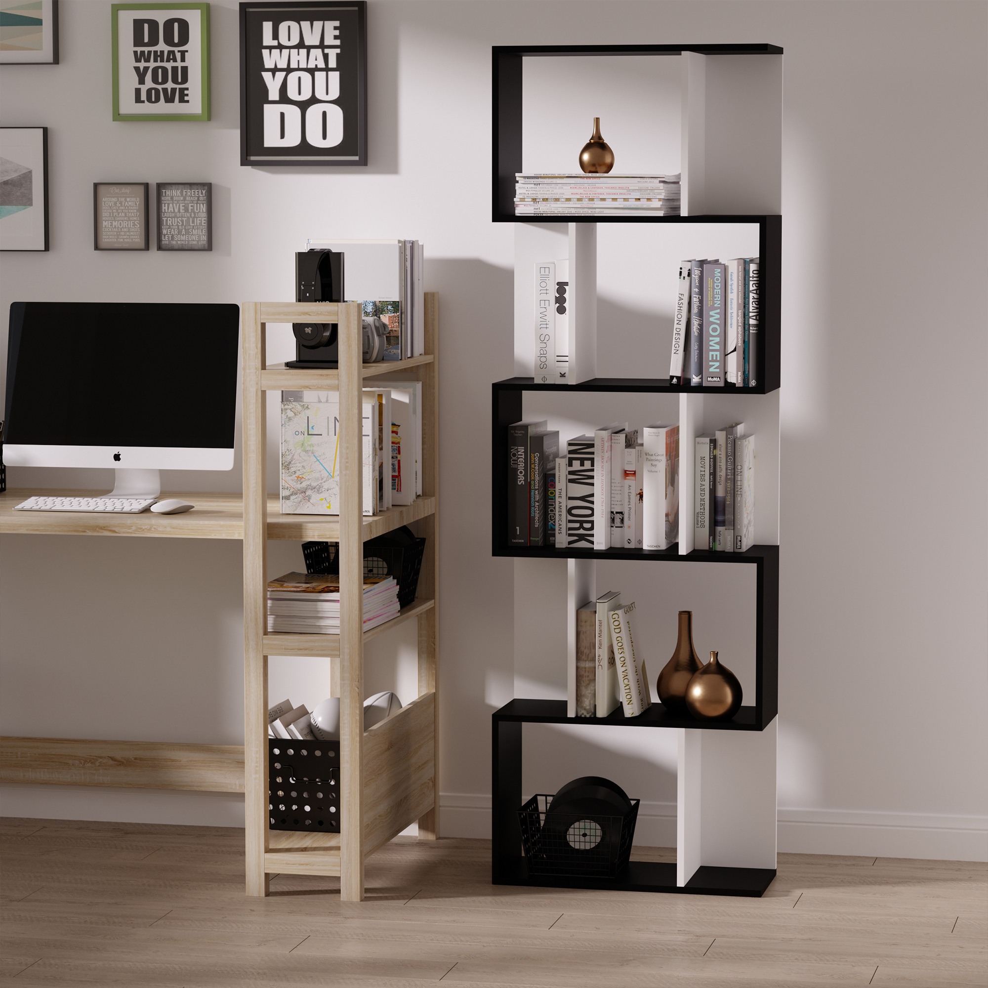 HOMCOM Bücherregal S-förmig Ausstellungsregal Standregal 5-stöckiger moderner Raumteiler Spanplatte Schwarz 60 x 24 x 184,5 cm